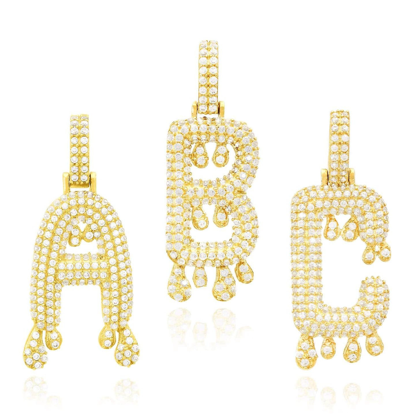 14K Yellow Gold CZ Iced Out Dripping Initial Letter Pendant 1.7"