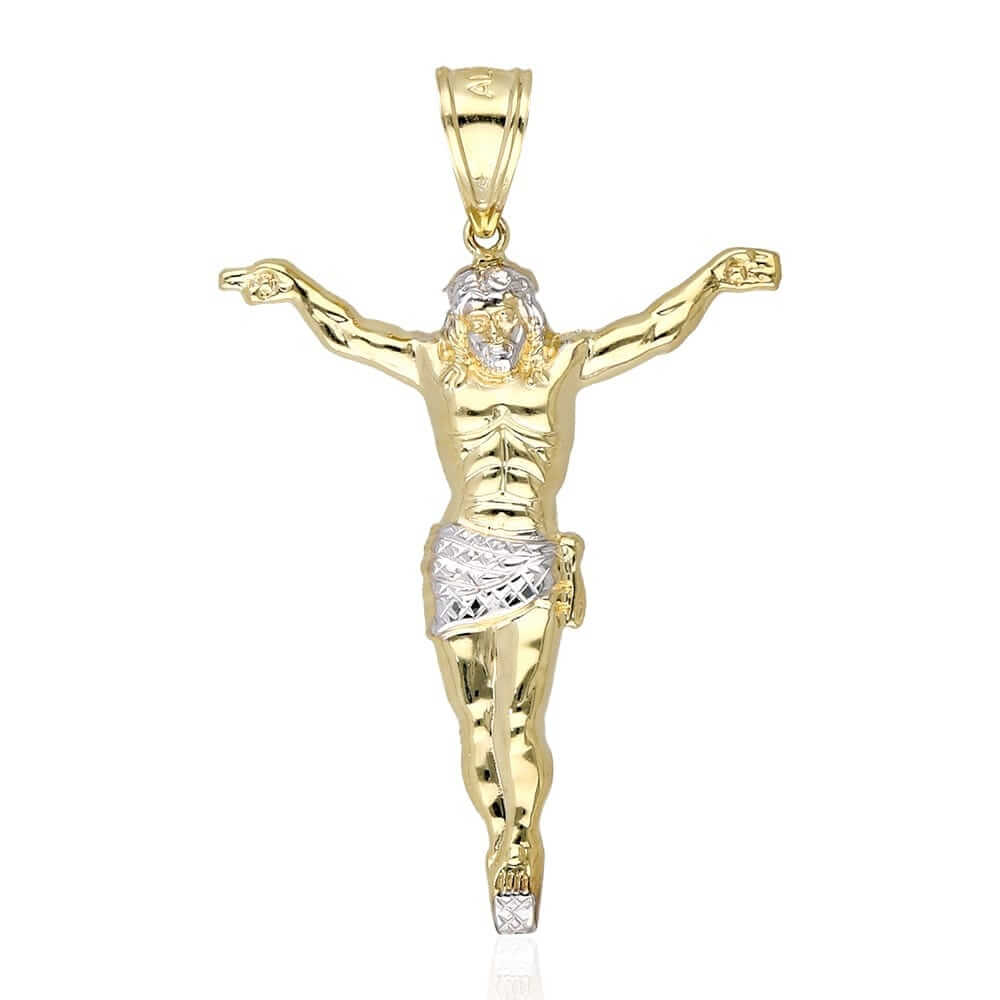 10K Gold Two-Tone Yellow White Gold Jesus Crucifix Pendant 1.57"-3.62"