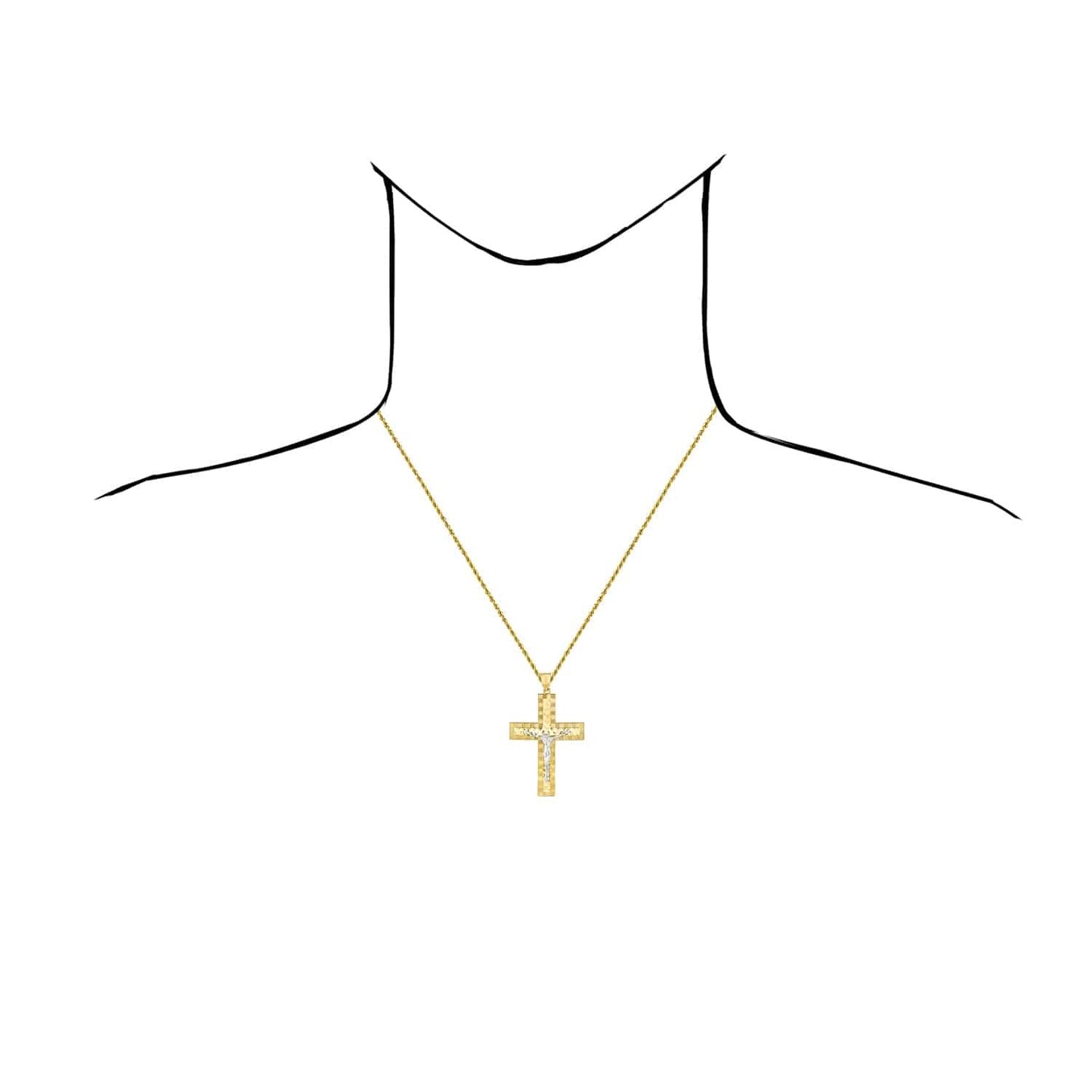 14K Gold Two-Tone Yellow White Diamond-Cut Jesus Crucifix Cross Pendant 2.3"