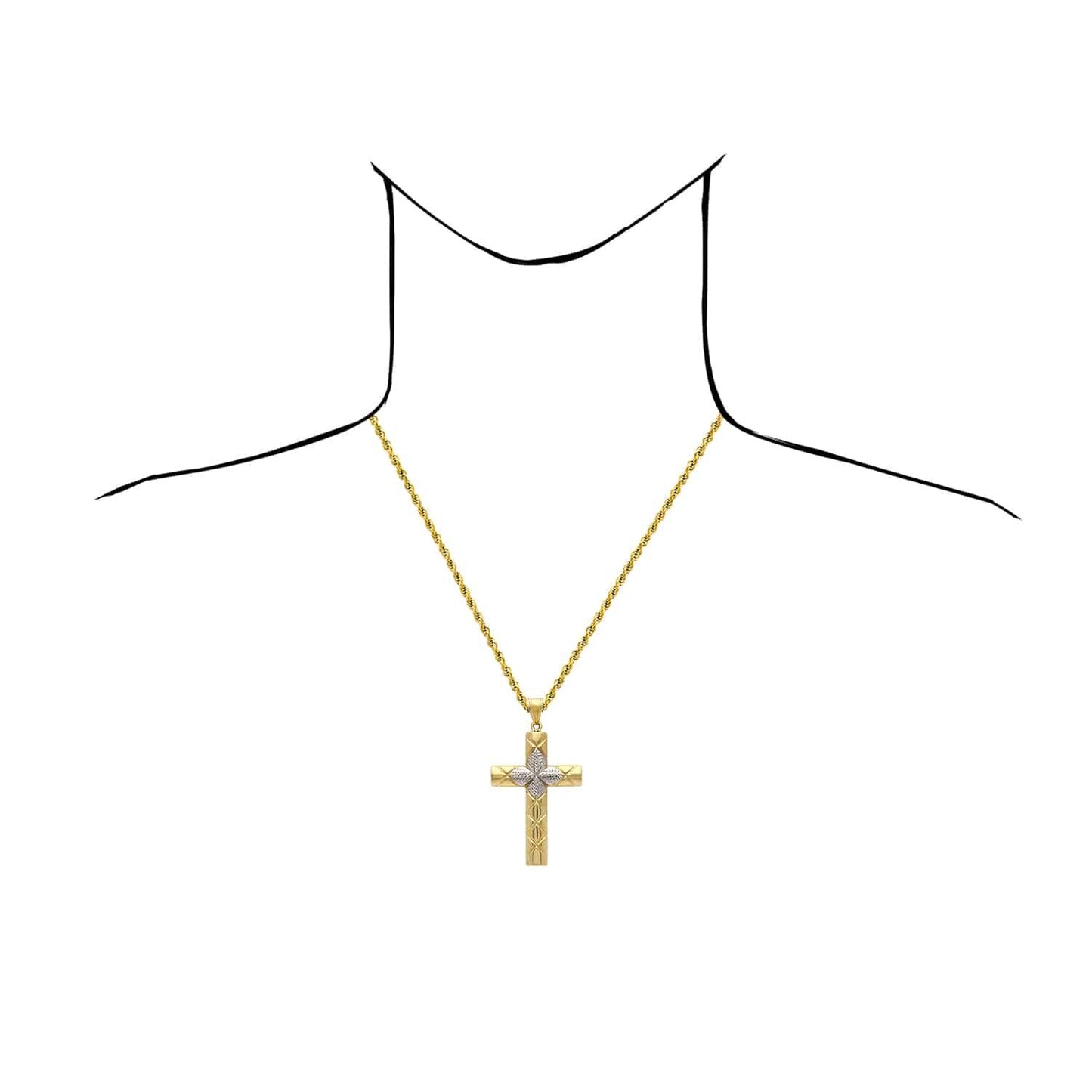 14K Real Gold White Diamond-Cut Cross Pendant 3.1"