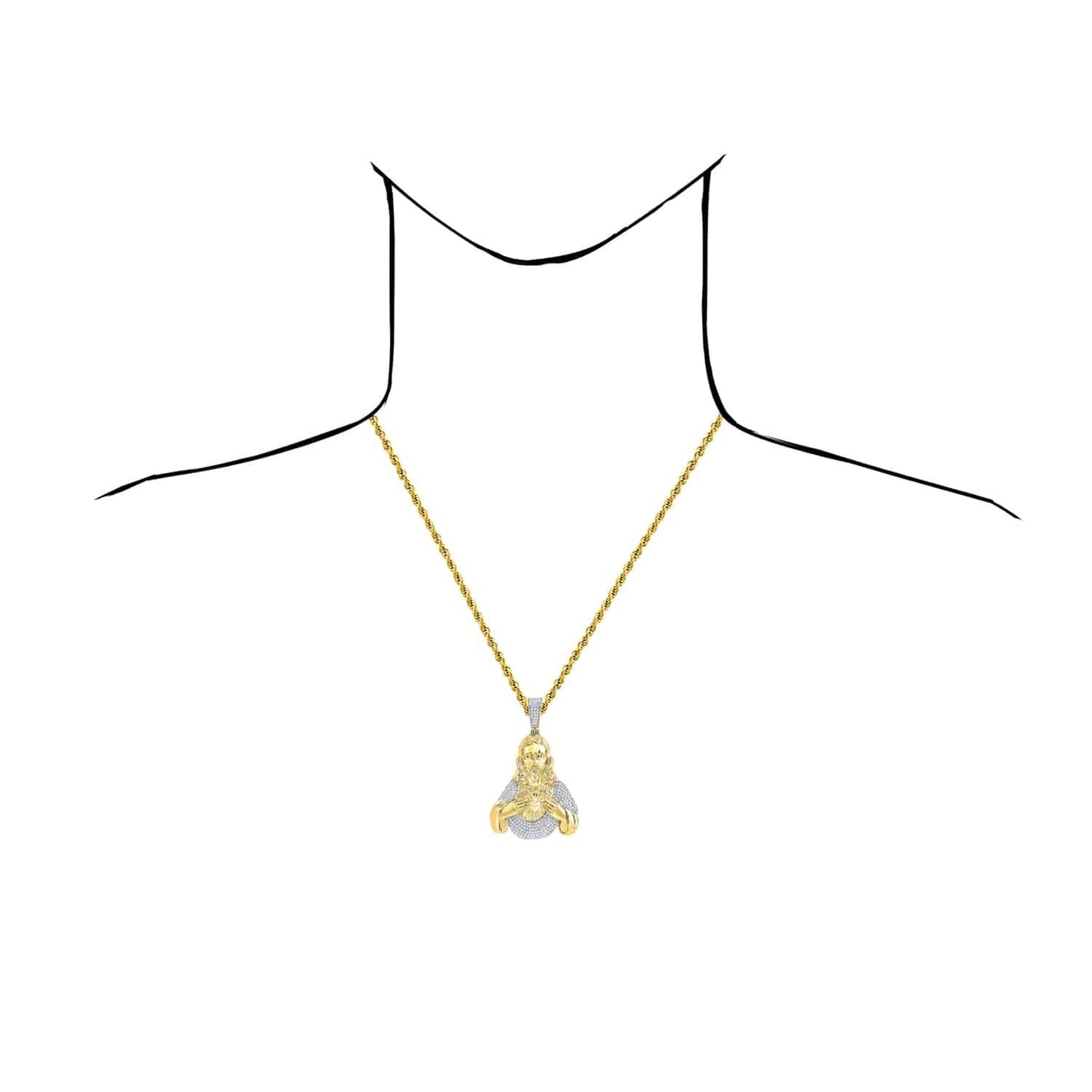 Natural Diamond 10K Yellow Gold Sacred Heart of Jesus Pendant 2" 2.6"