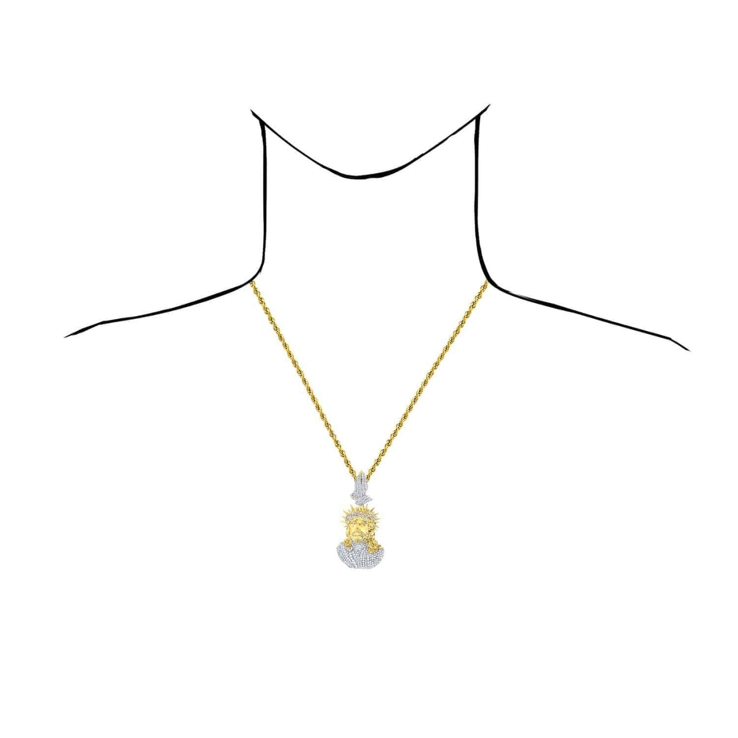 Natural Diamond 10K Yellow Gold Jesus with Praying Hands Pendant 2.1" 2.7"