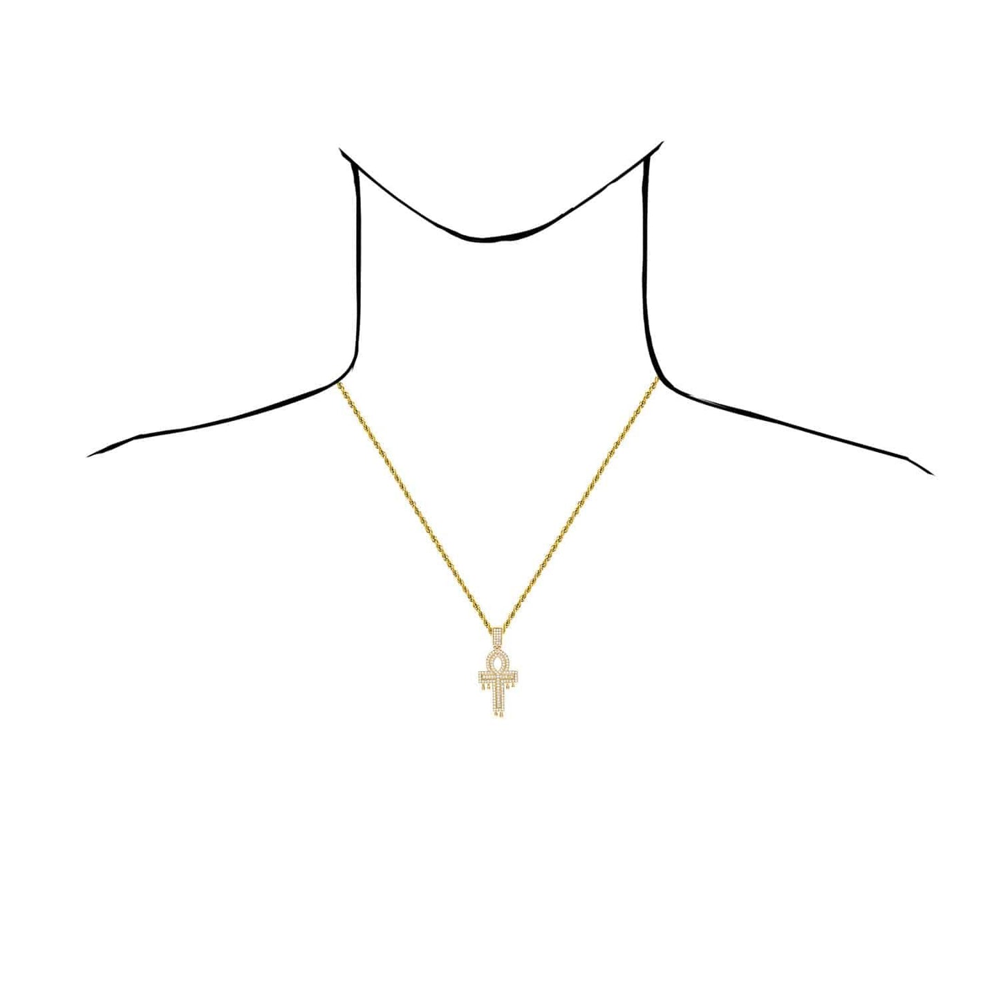 14K Yellow Gold CZ Egyptian Ankh Drip Cross Pendant 1.9"
