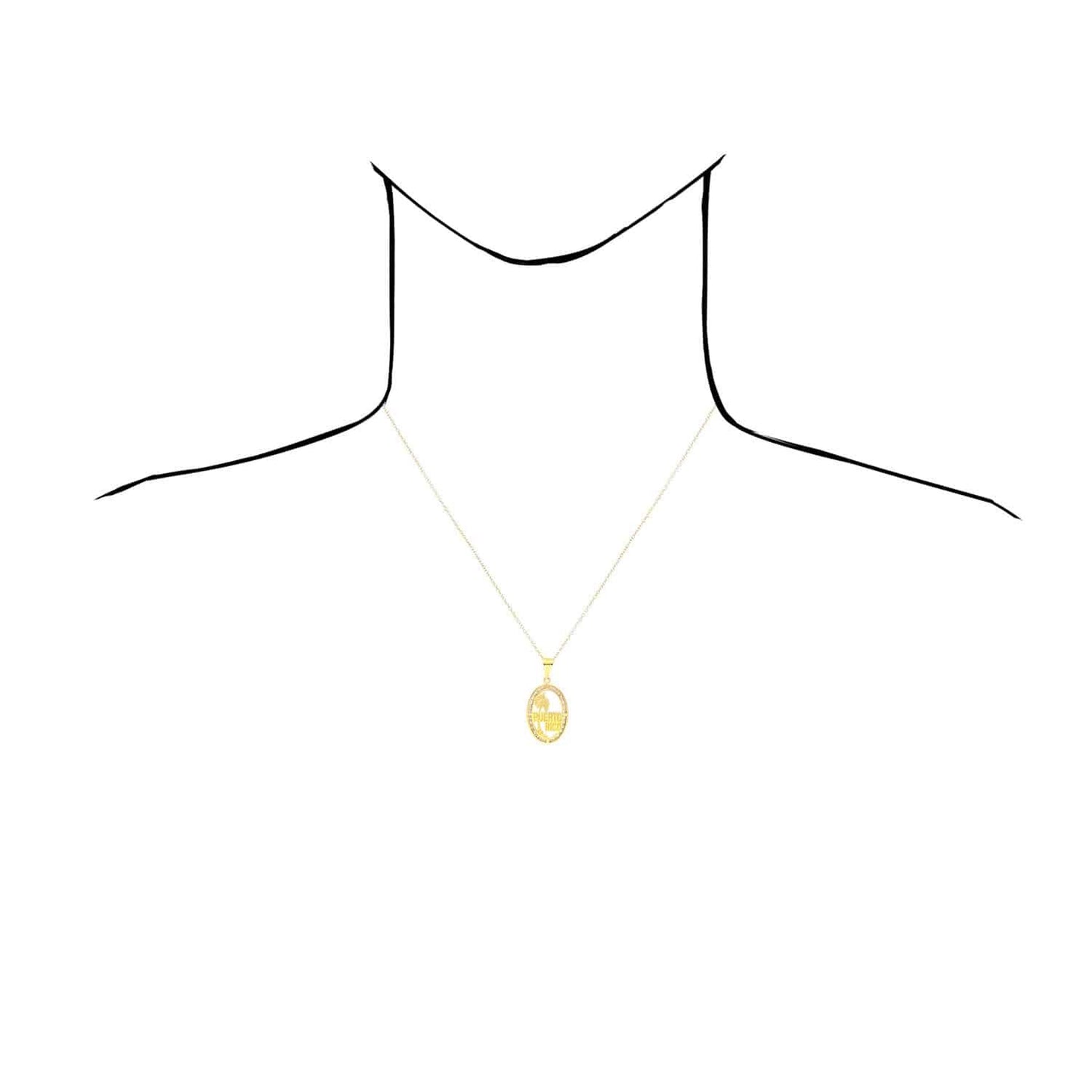 10K Real Gold CZ Puerto Rico Palm Tree Oval Shape Disc Pendant