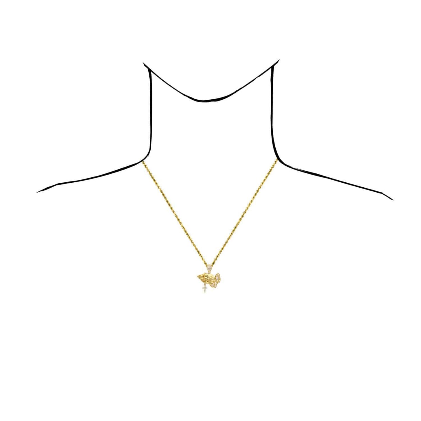 14K Yellow Gold CZ Religious Praying Hands Cross Pendant 1.36"
