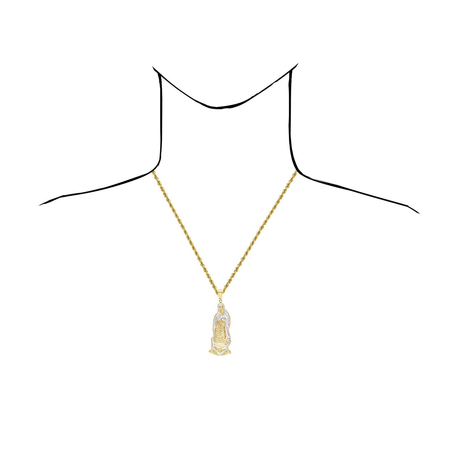10K Yellow Gold Diamond Cut Our Lady Of Guadalupe Virgin Mary Charm Pendant 3"