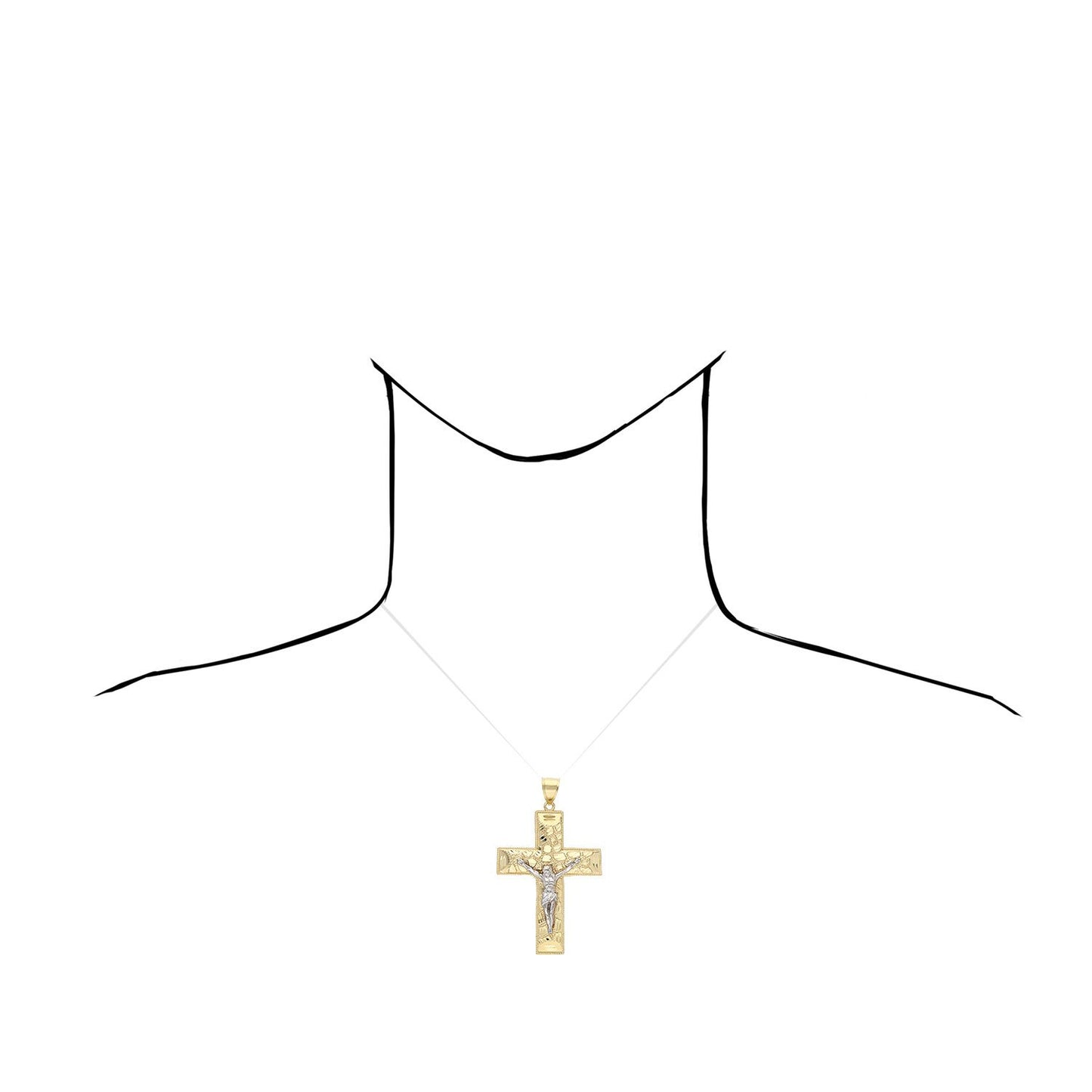 10K Yellow White Two Tone Gold Religious Jesus Crucifix Nugget Cross Pendant