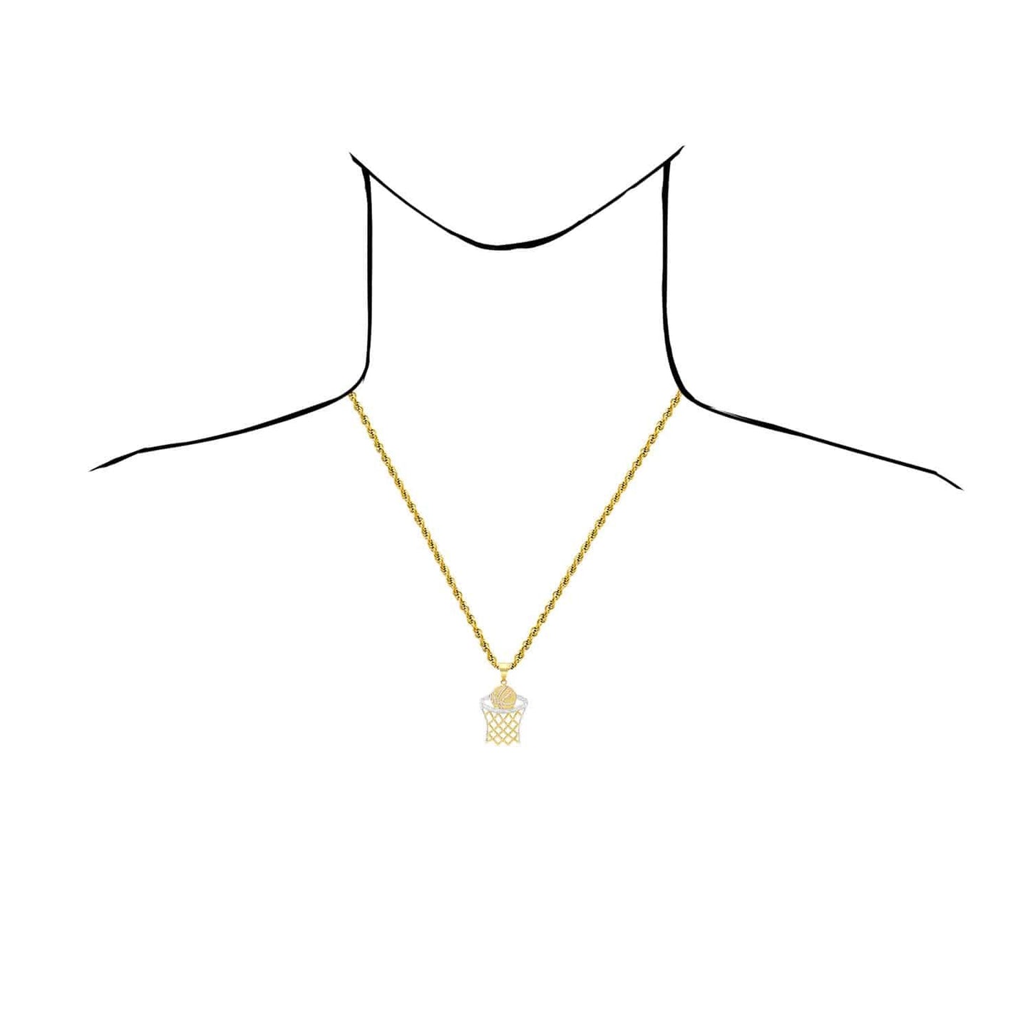 10K Yellow Gold Two-Tone Diamond Cut Basketball Hoop Sport Pendant 1.57"-2.76"
