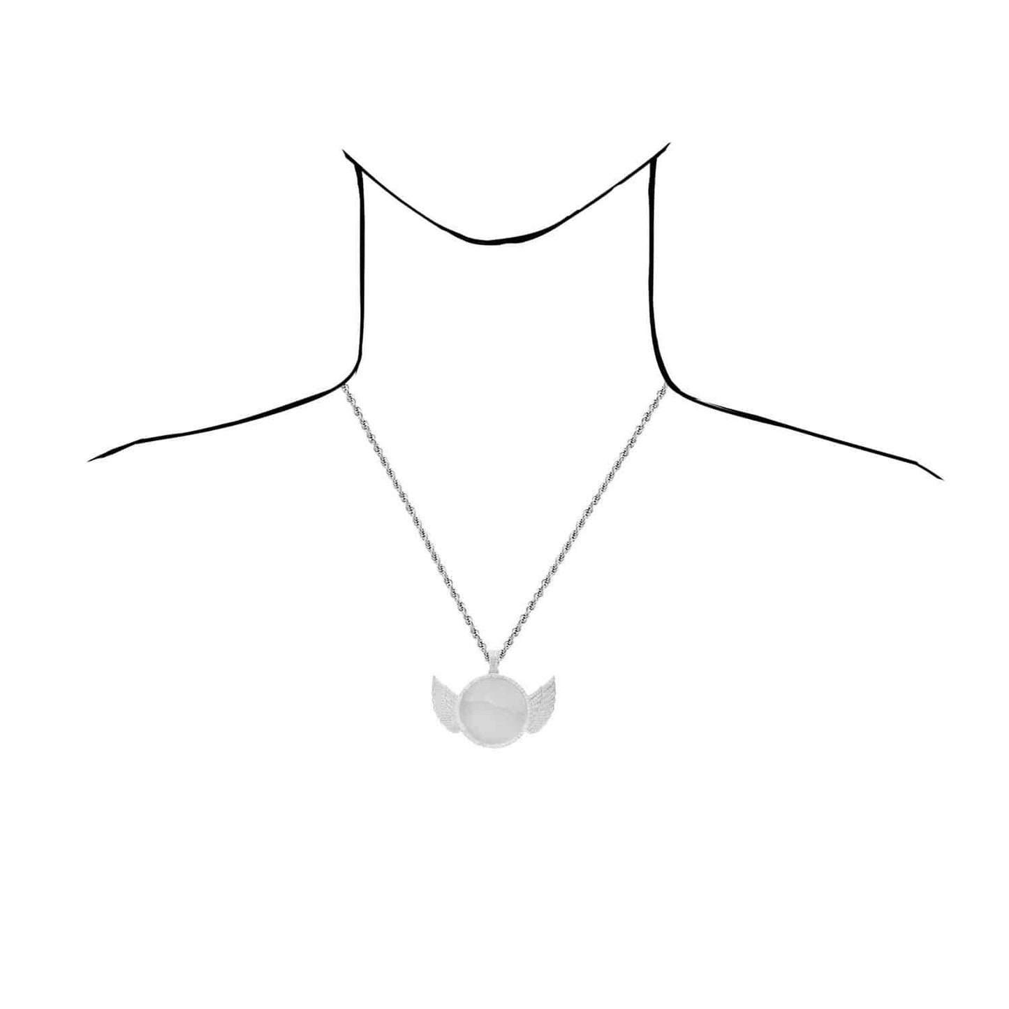 White Gold Over Silver CZ Angel Wing Picture Frame Memory Pendant