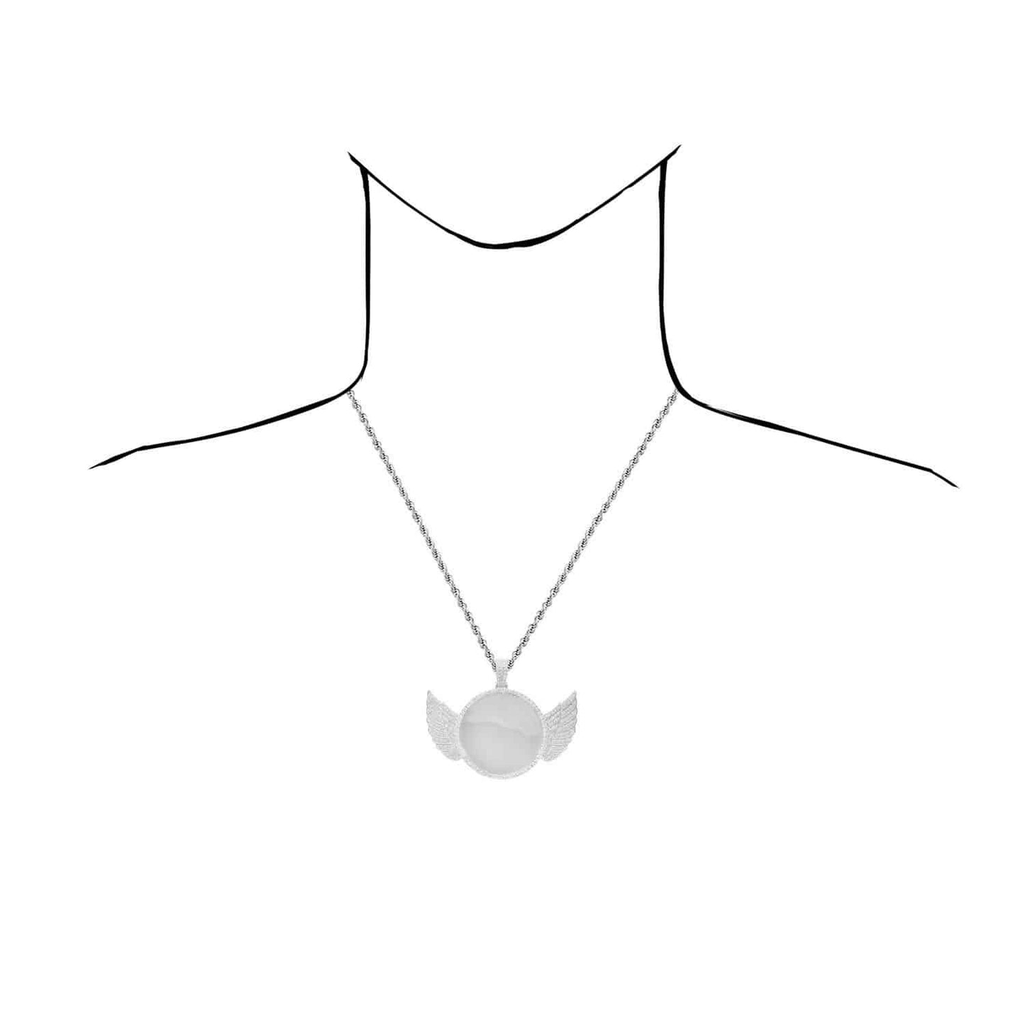 White Gold Over Silver CZ Angel Wing Picture Frame Memory Pendant