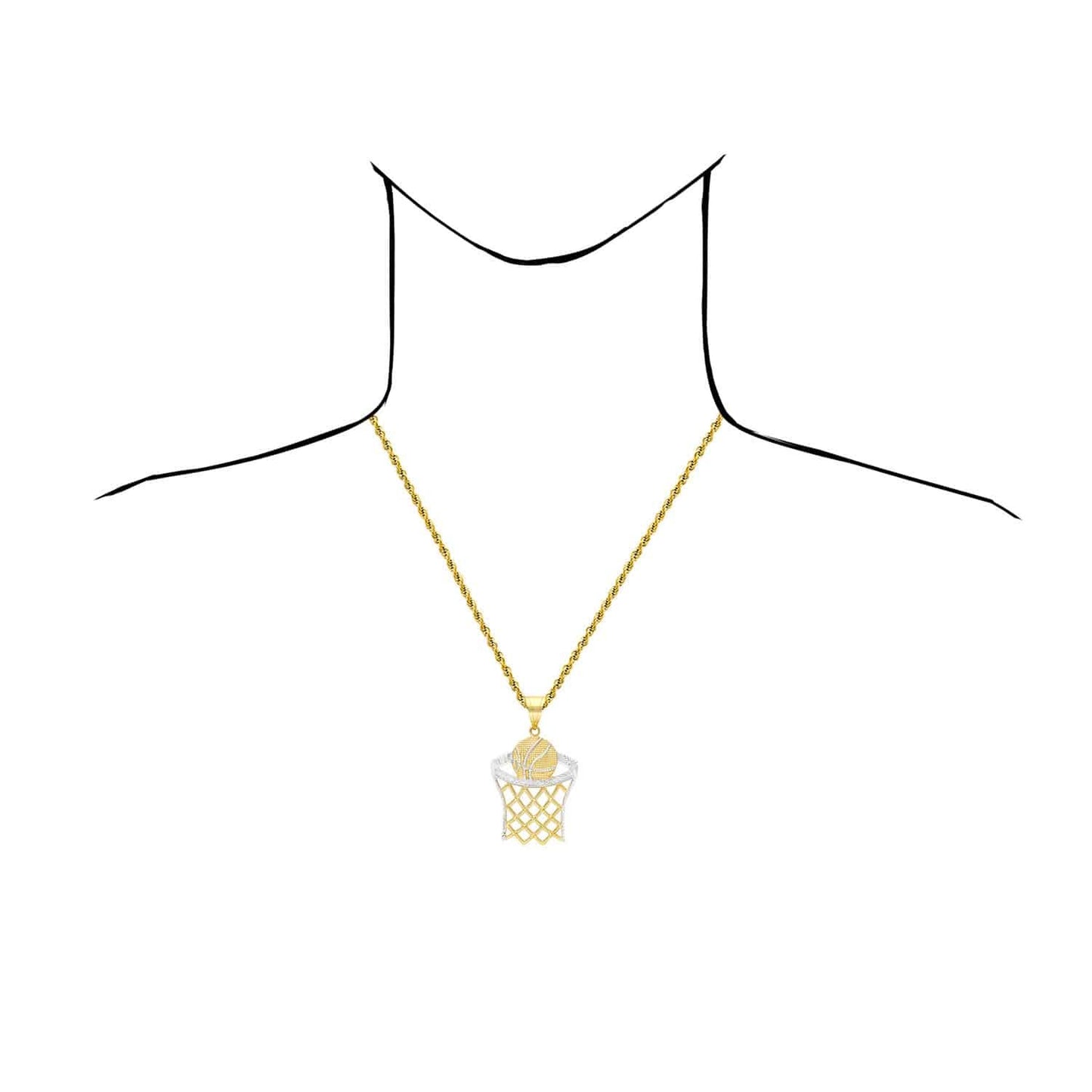10K Yellow Gold Two-Tone Diamond Cut Basketball Hoop Sport Pendant 1.57"-2.76"
