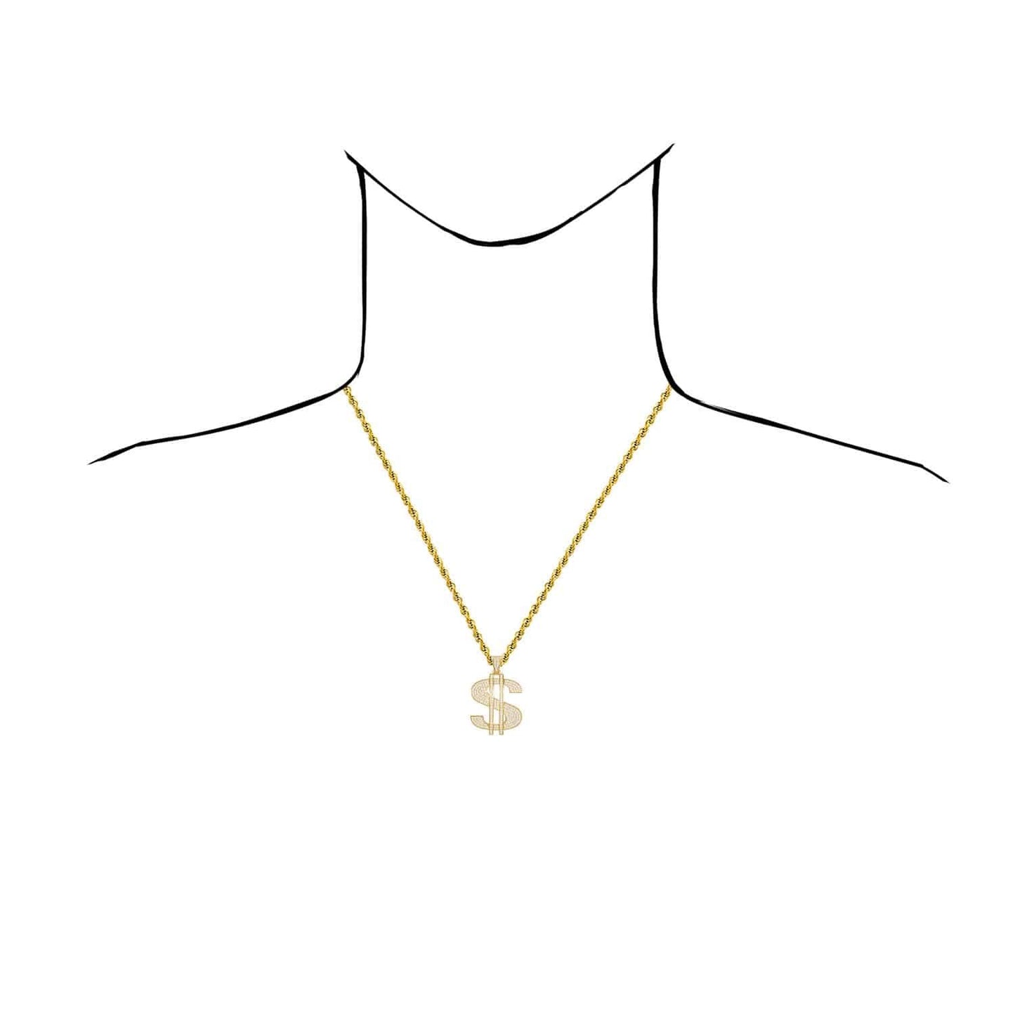 14K Gold Over Silver Ice Out CZ Pave Dollar Sign Pendant 1.6"