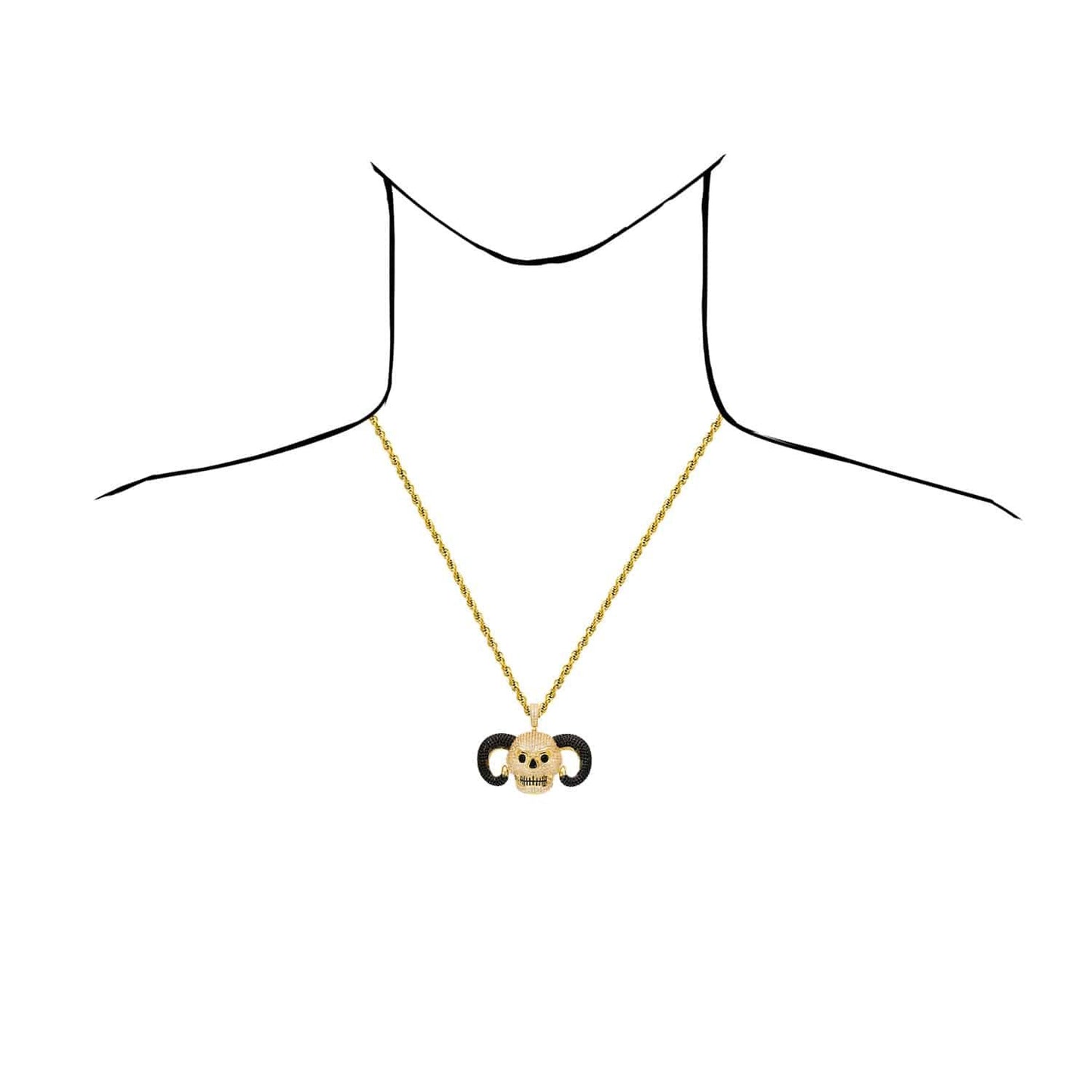 14K Yellow Gold CZ Pave Horned Ram Skull Charm Pendant 1.7"