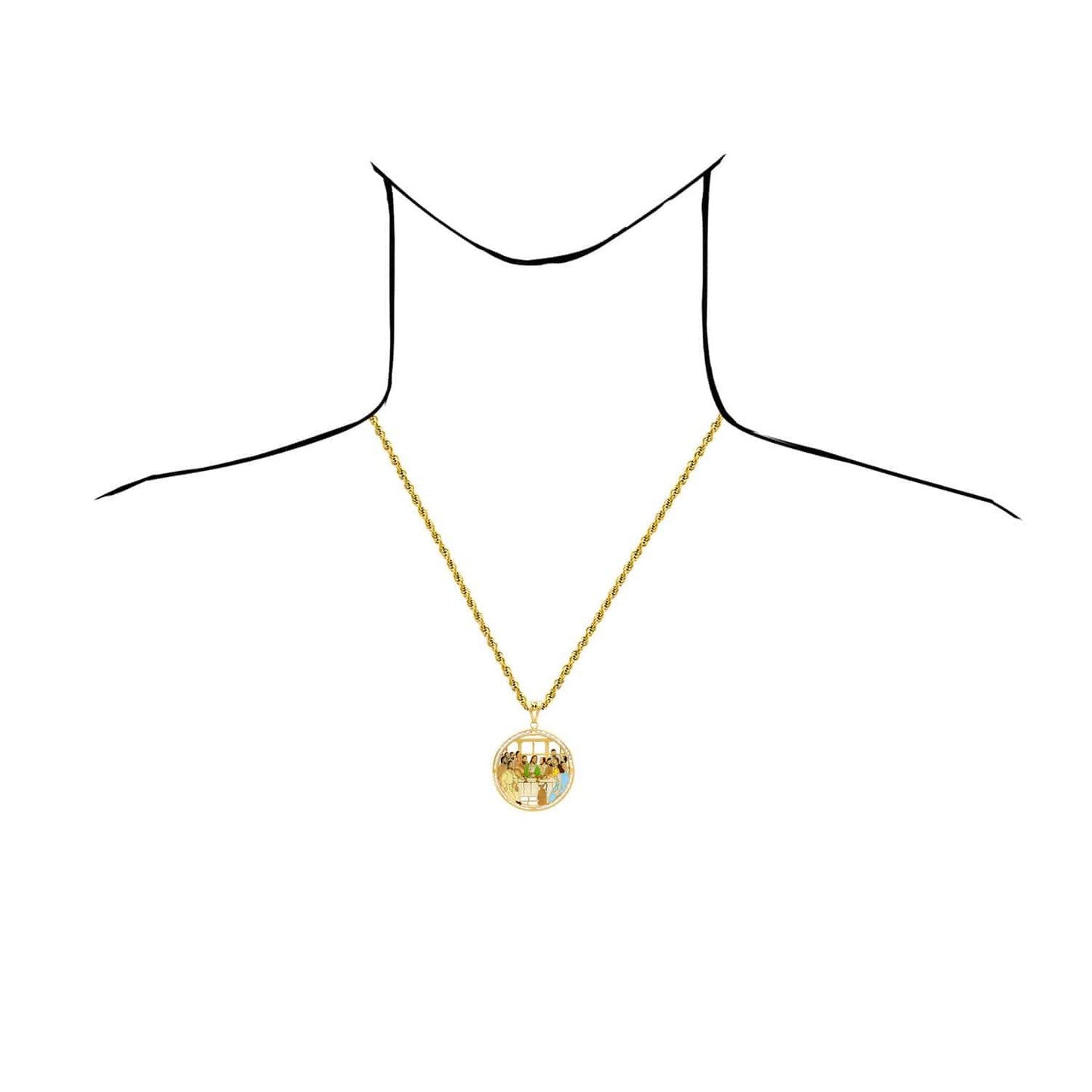 14K Yellow Gold CZ Enamel Religious Last Supper Pendant 2.1"