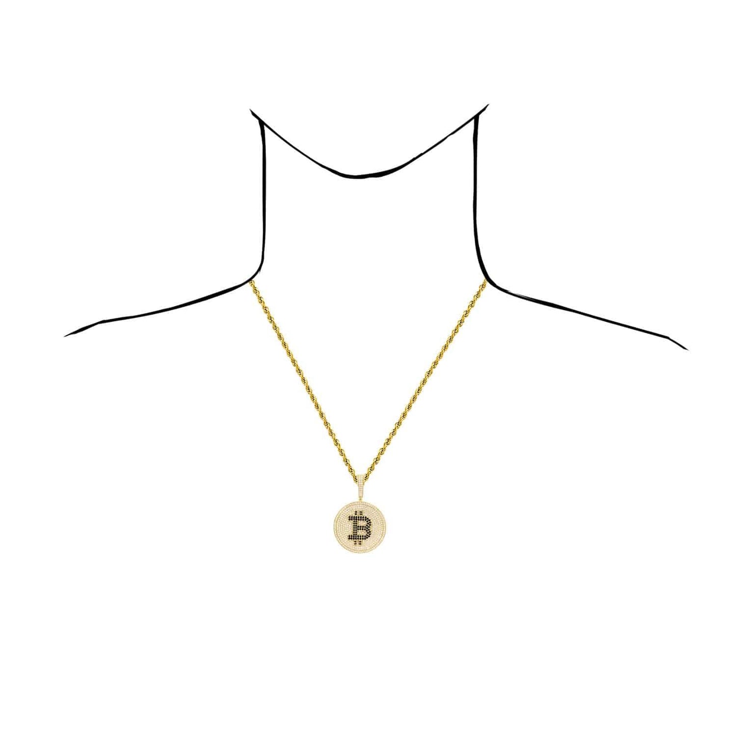 14K Yellow Gold CZ Black Pave Iced Bitcoin Pendant 2.1"