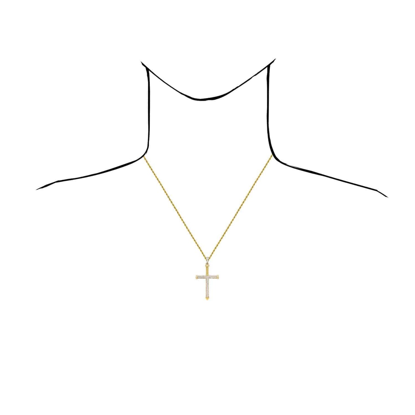 14K Yellow Gold CZ Pave Screw Nail Cross Pendant 2.1"