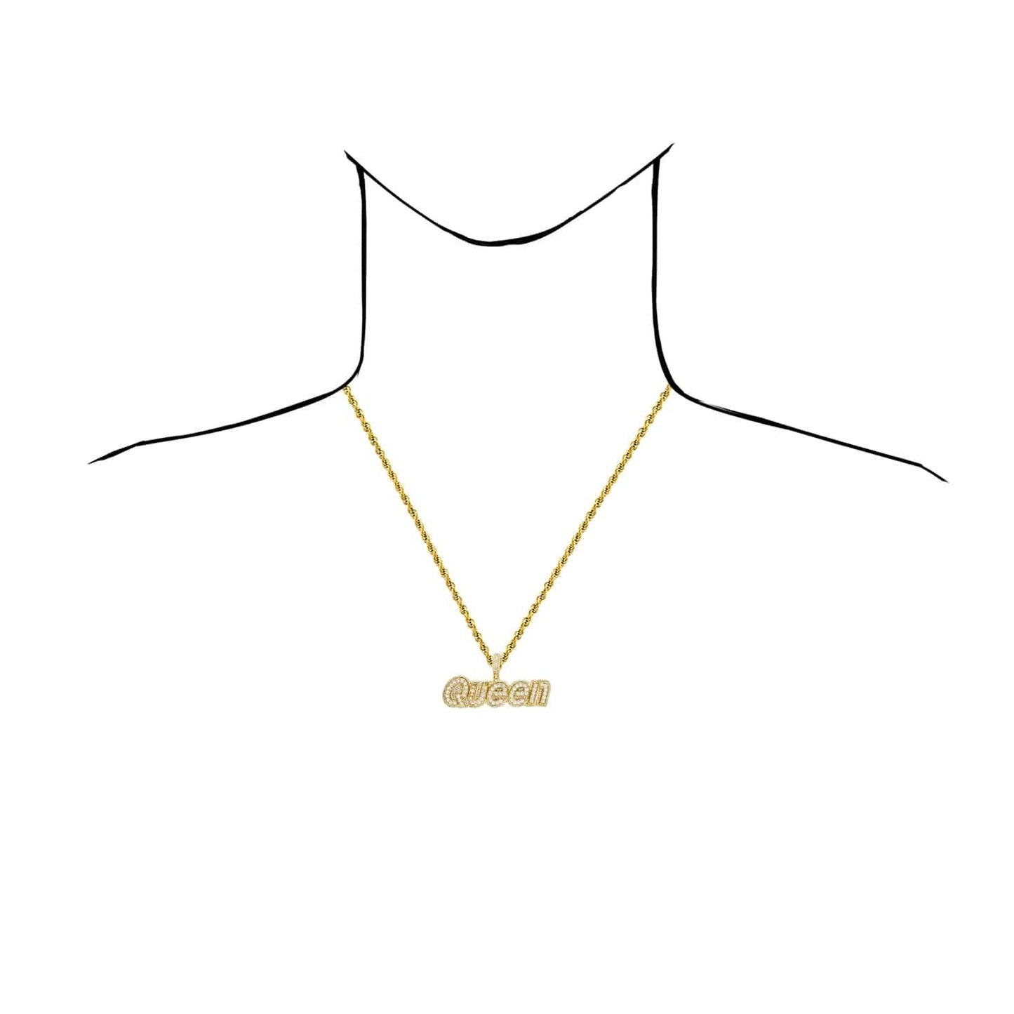 18K Yellow Gold Over Silver CZ Pave QUEEN Pendant