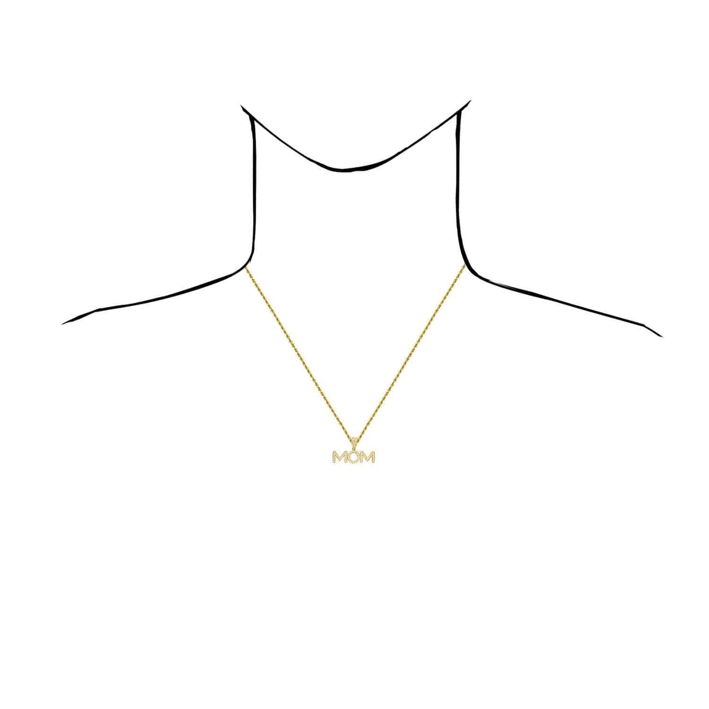 14K Yellow Gold CZ MOM Mother's Charm Pendant 0.7"