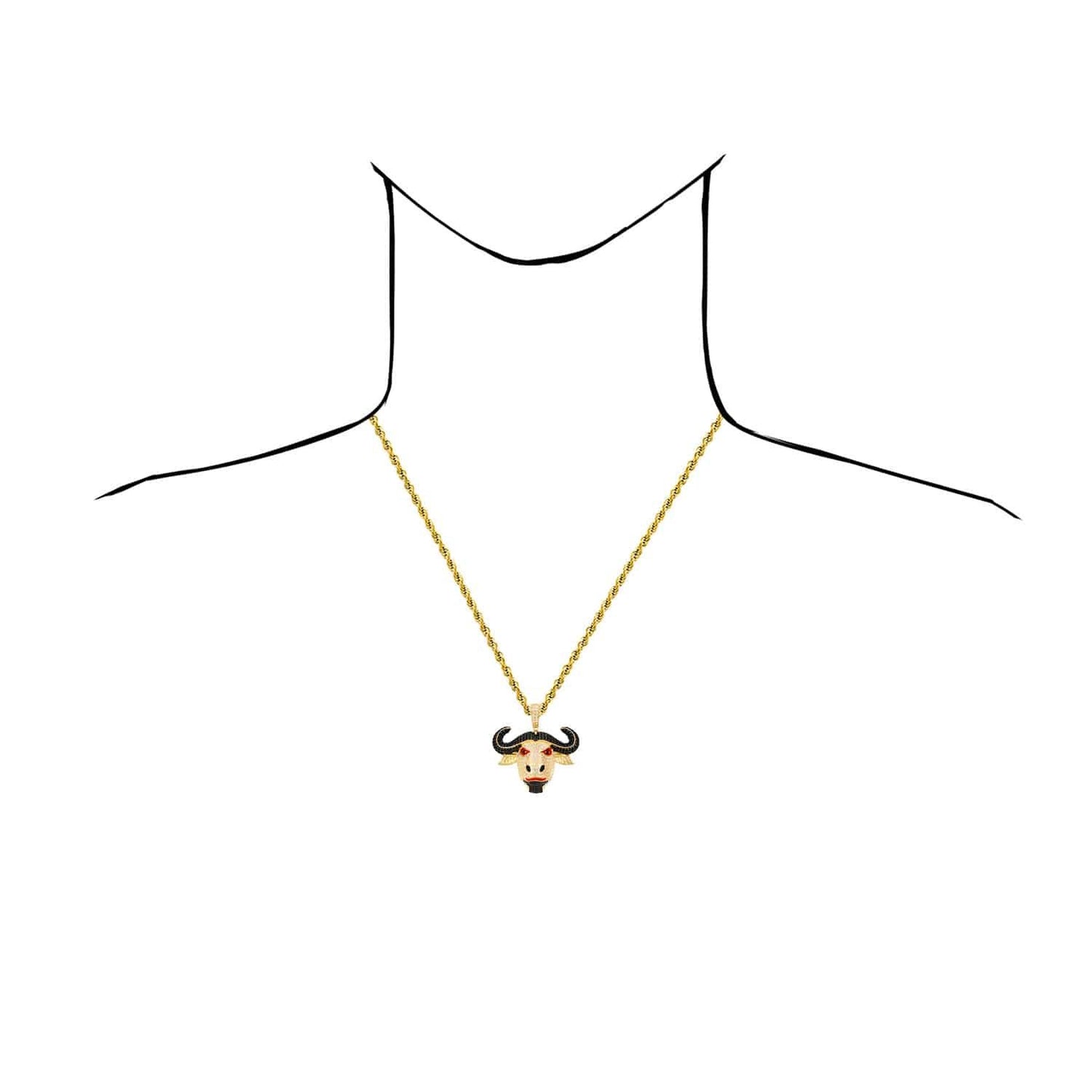 14K Yellow Gold CZ Red Eyes Bull Buffalo Pendant 1.6"