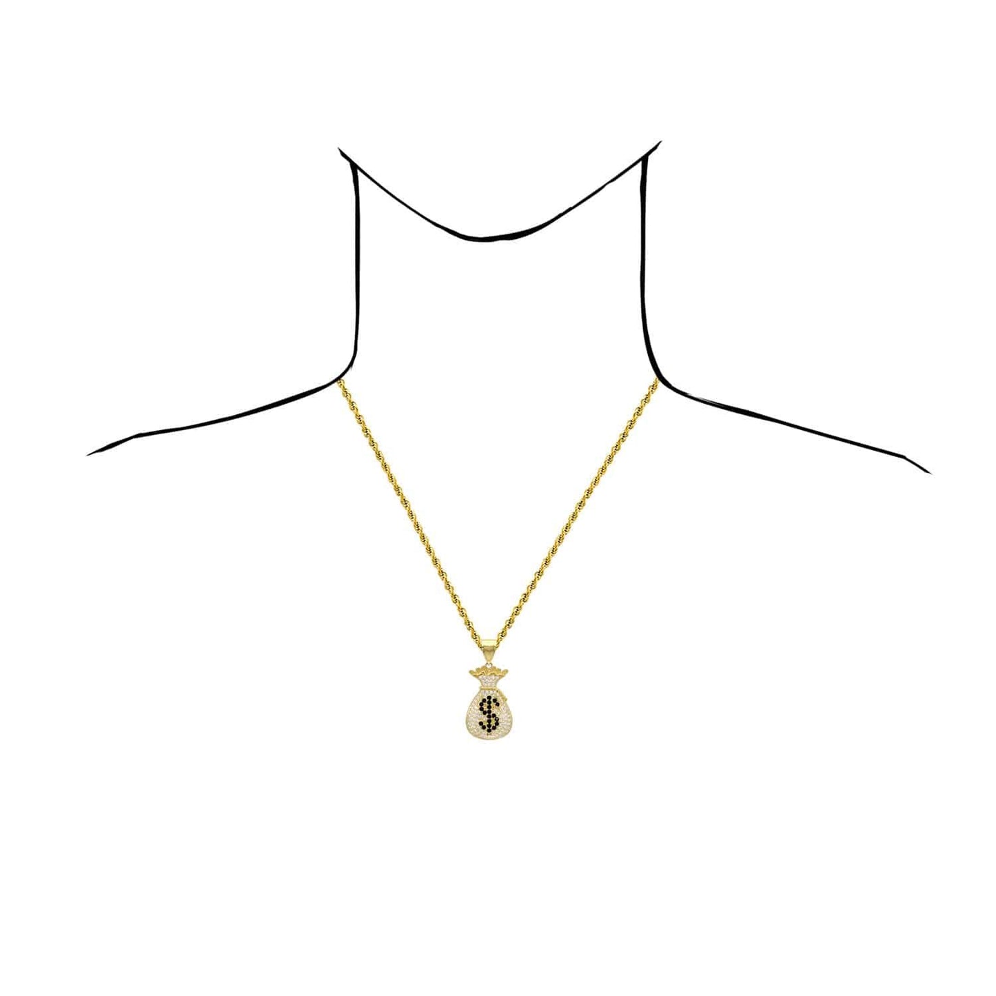14K Yellow Gold CZ And Onyx Dollar $ Sign Money Bag Charm Pendant