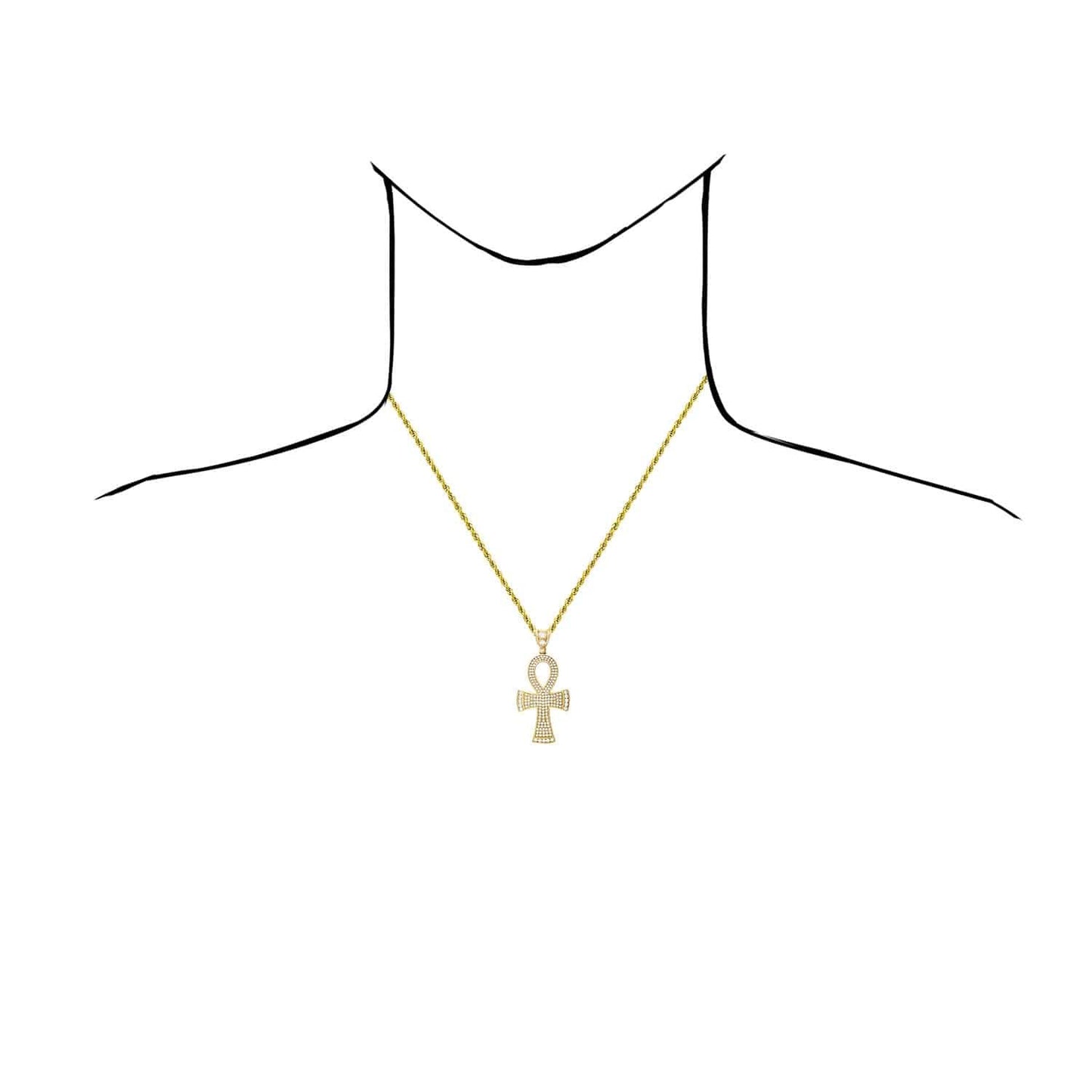 10K Yellow Gold Created Diamond Egyptian Ankh Cross Pendant 2"