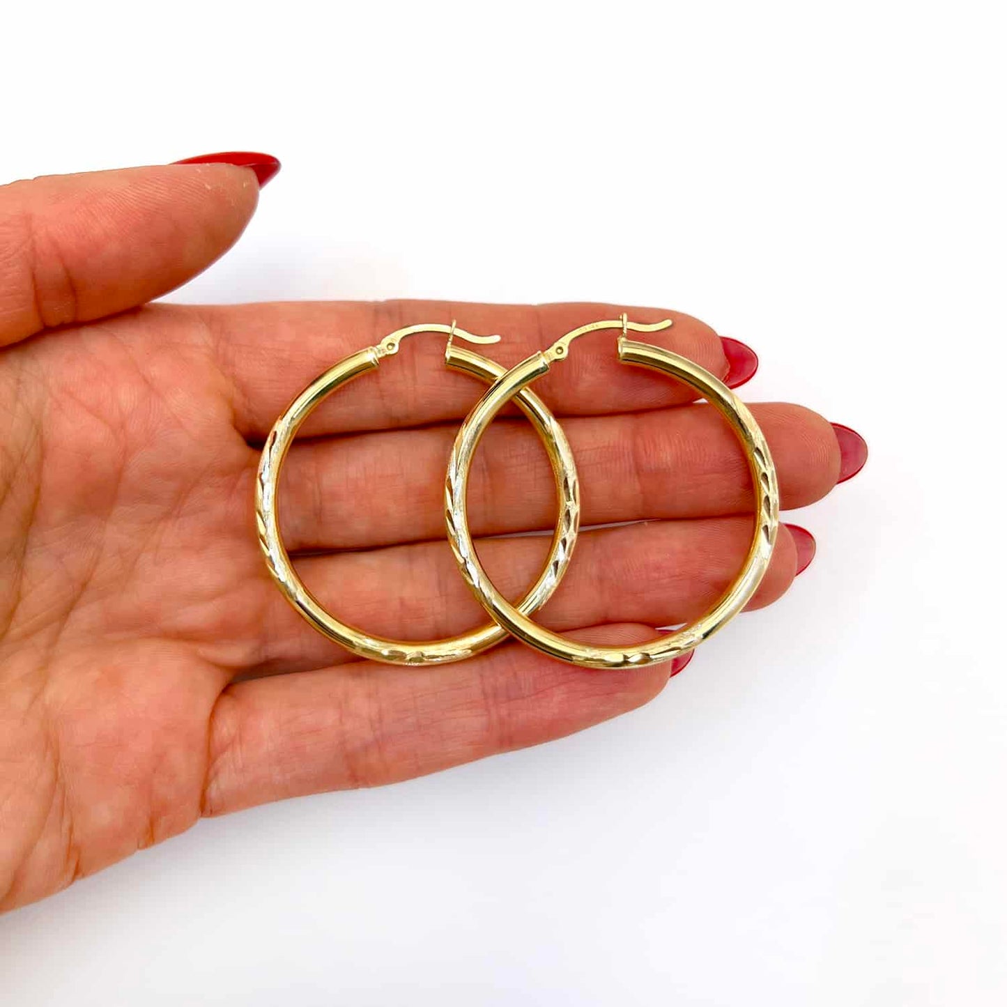 14K Real Yellow Gold 3mm Diamond-Cut Hoop Earrings 1.6"