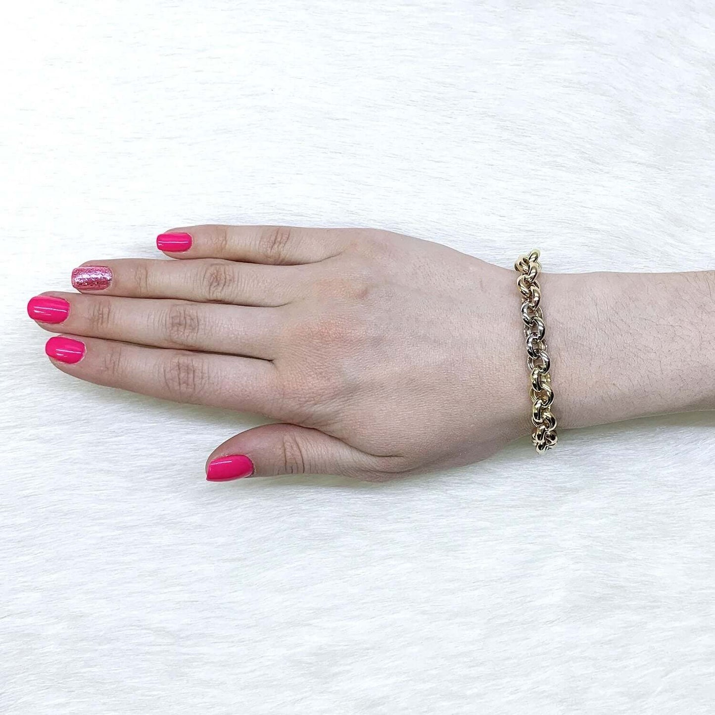 14K Gold Tri-Color Yellow White Rose Oversized Clasp Rolo Bracelet 7.5"