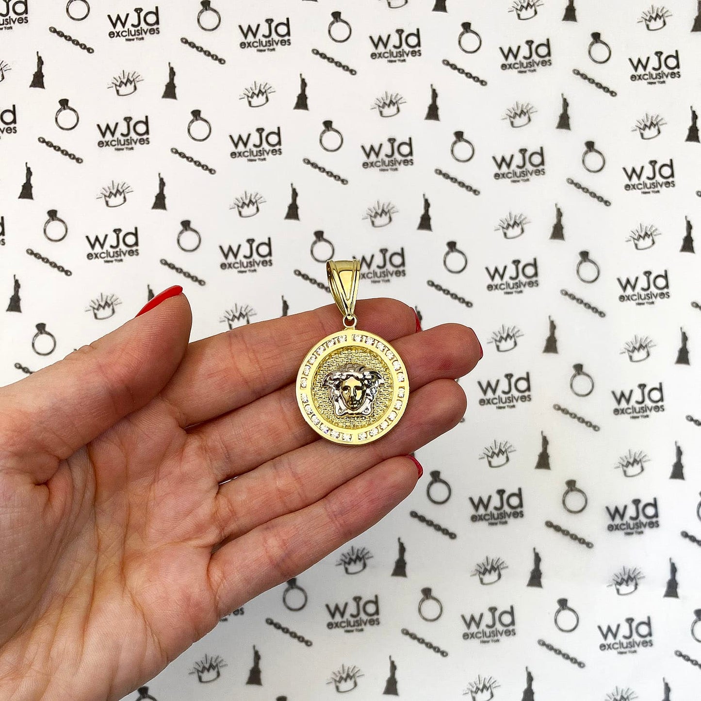 10K Yellow Gold CZ Medusa Head Medallion Charm Pendant 1.77"
