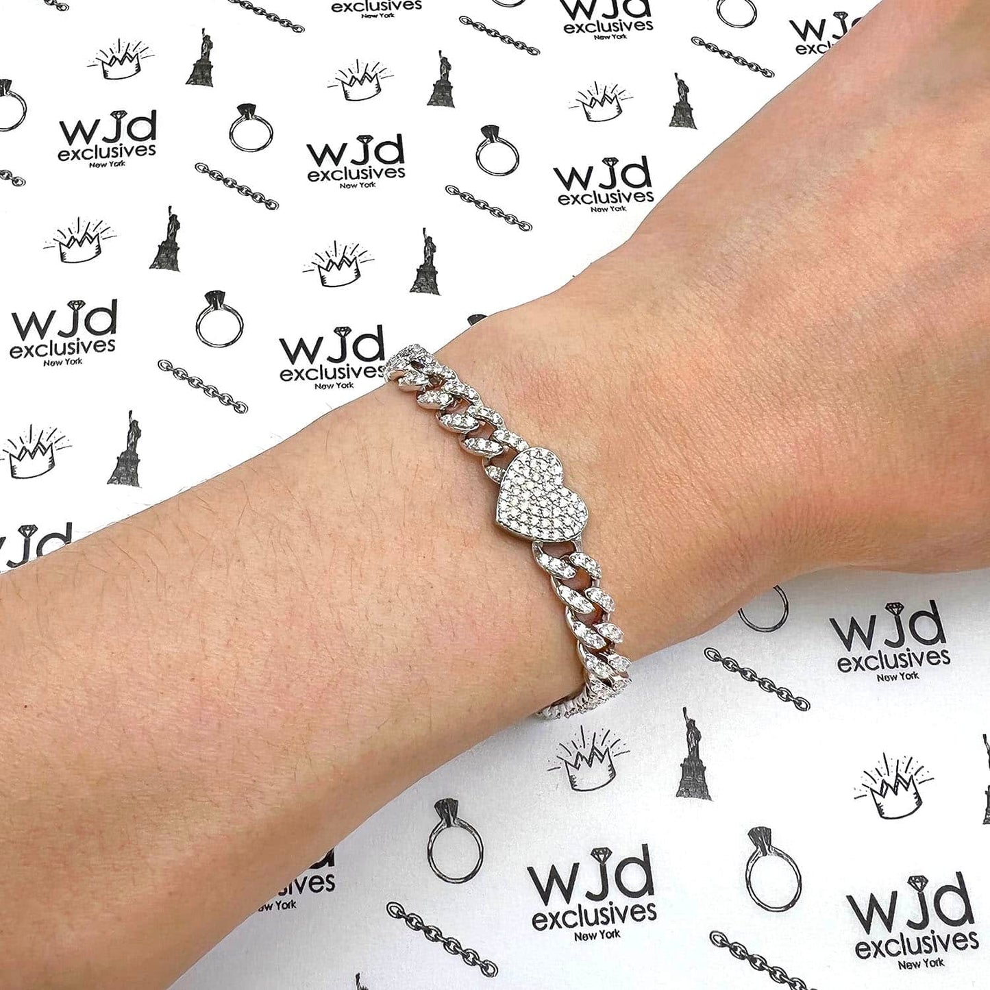 18K White Gold Over Silver CZ 6mm Pave Heart Miami Bracelet 7"-8"