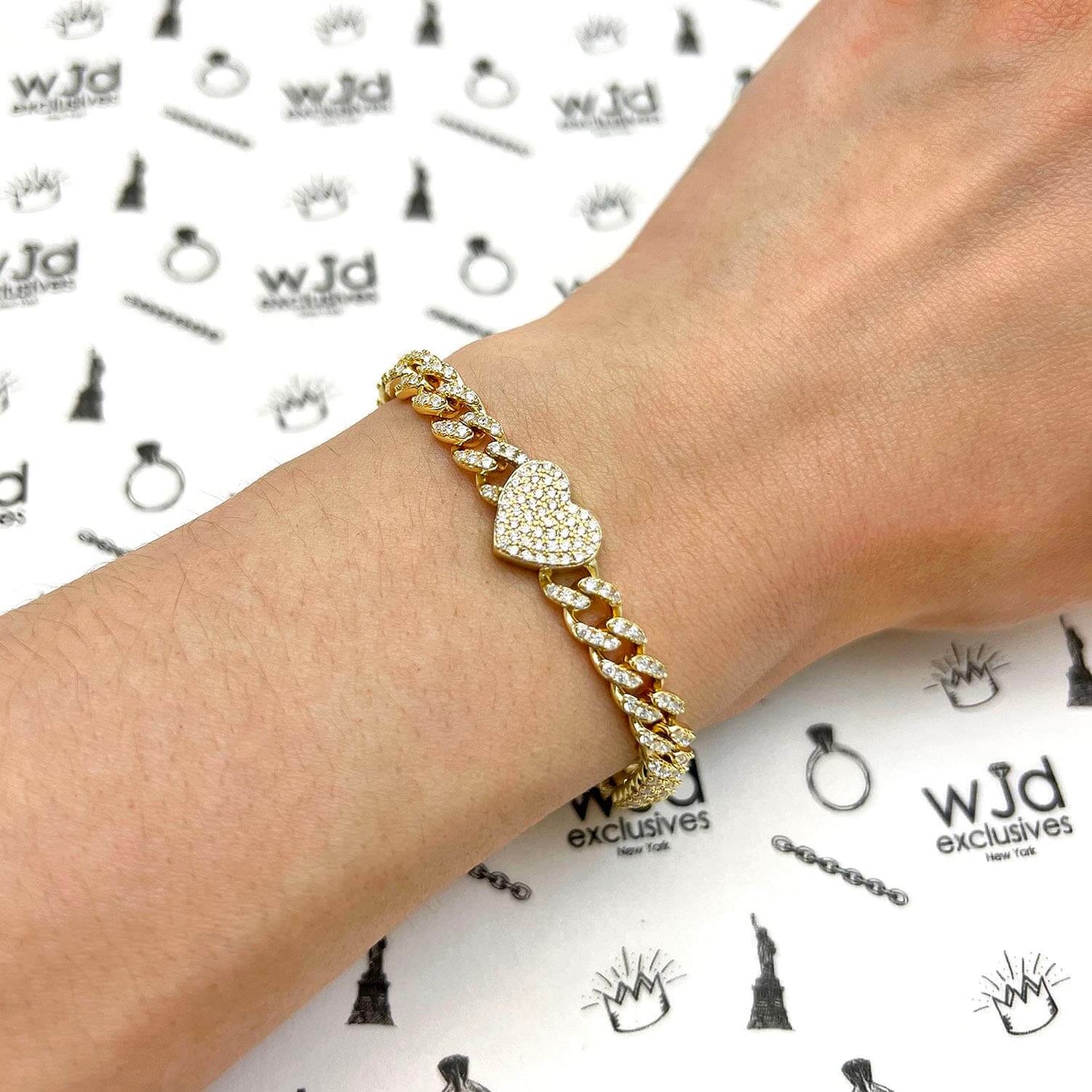 18K Yellow Gold Over Silver CZ 6mm Pave Heart Miami Bracelet 7"-8"