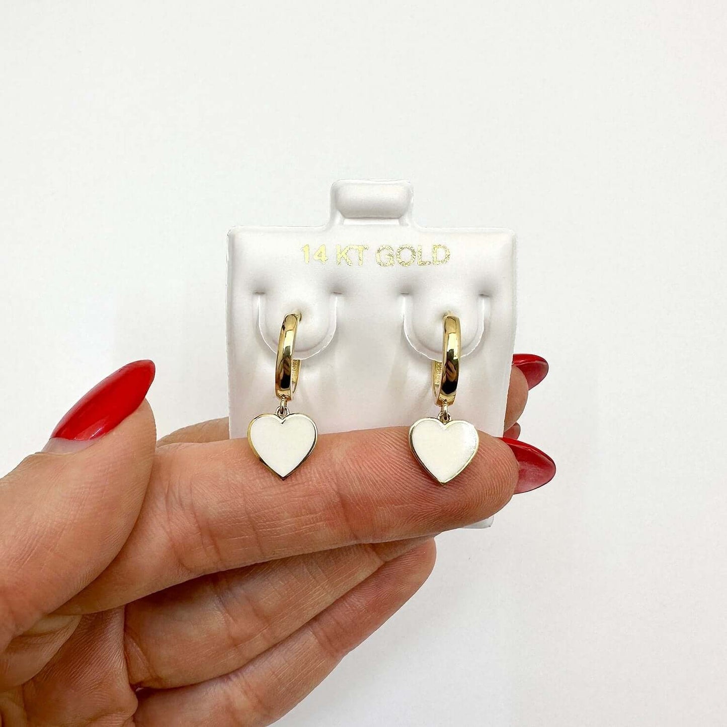 14K Gold White Enamel Heart Huggie Hoop Earrings 22mm