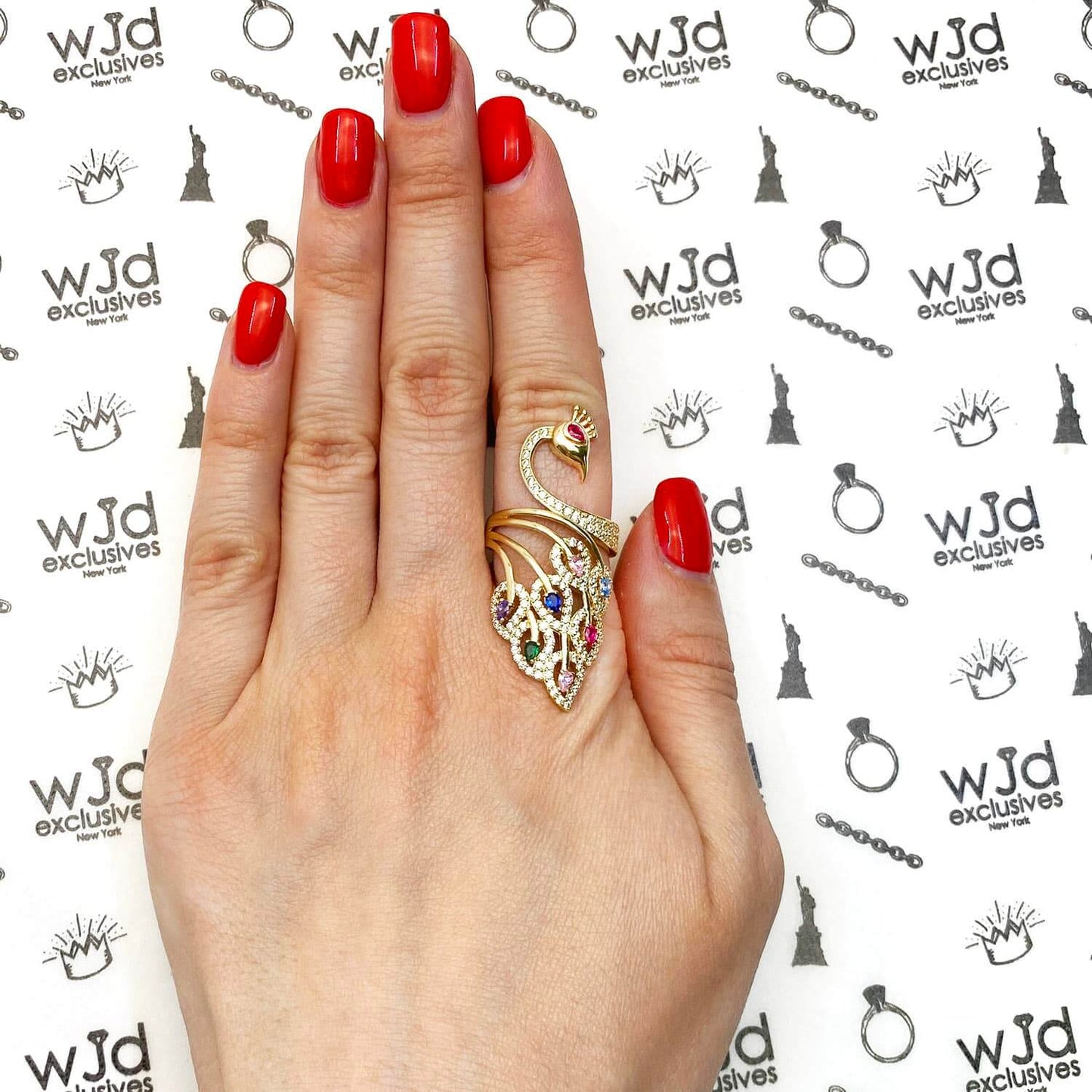14K Yellow Gold Multicolor Simulated Gem Bird Peacock Cocktail Ring