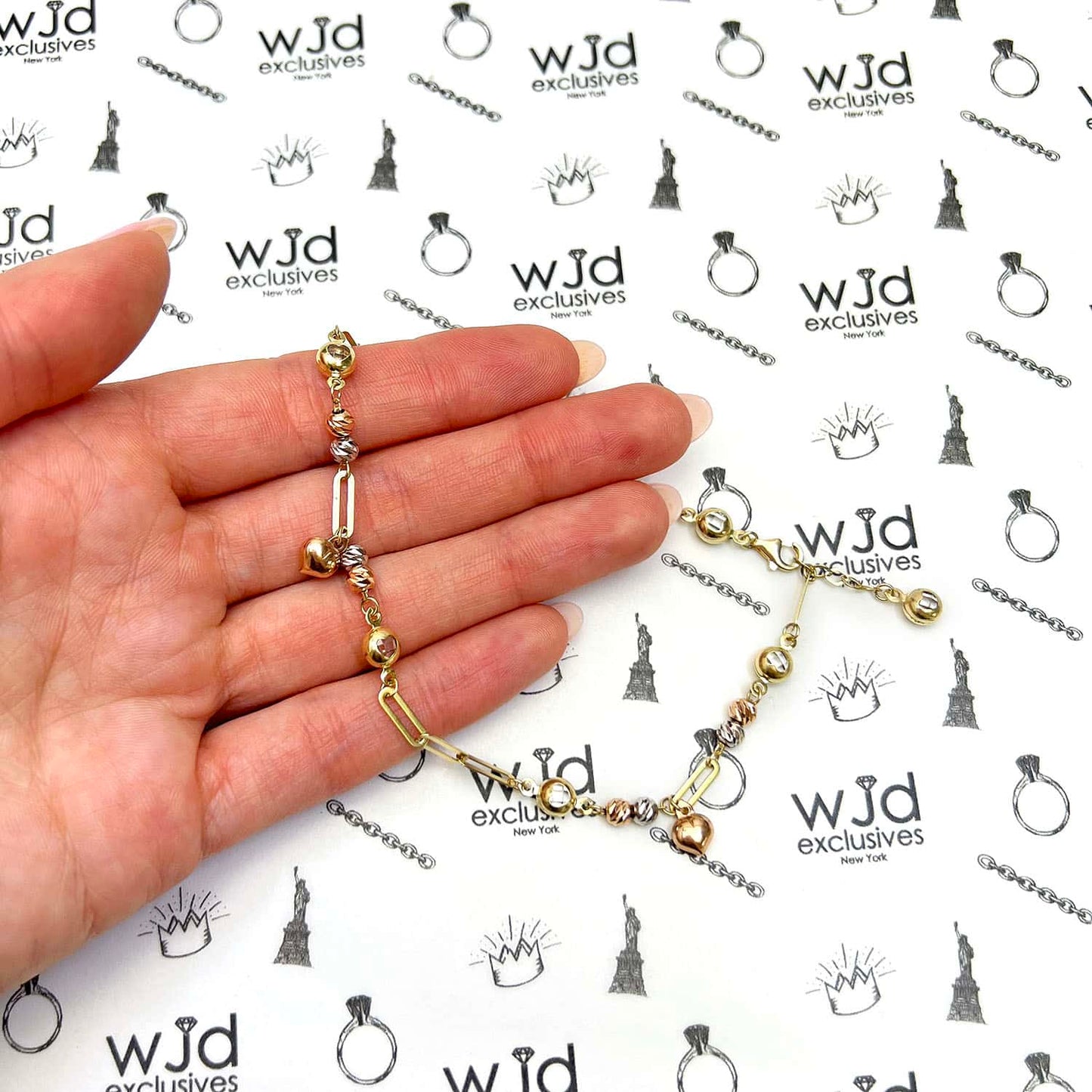 14K Gold Tri-Color 4mm Paperclip Ball Heart Charm Ankle Bracelet 9.5-10" Adjust