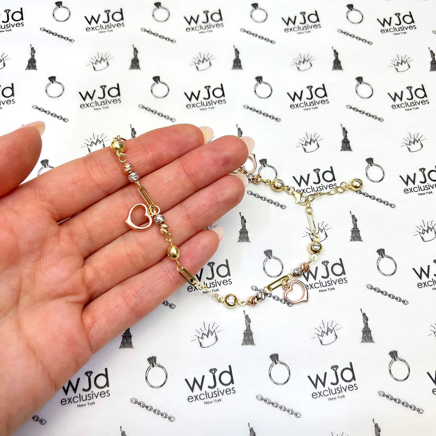 14K Gold Tri-Color 4mm Paperclip Ball Heart Charm Ankle Bracelet 9.5-10.5" Adjus