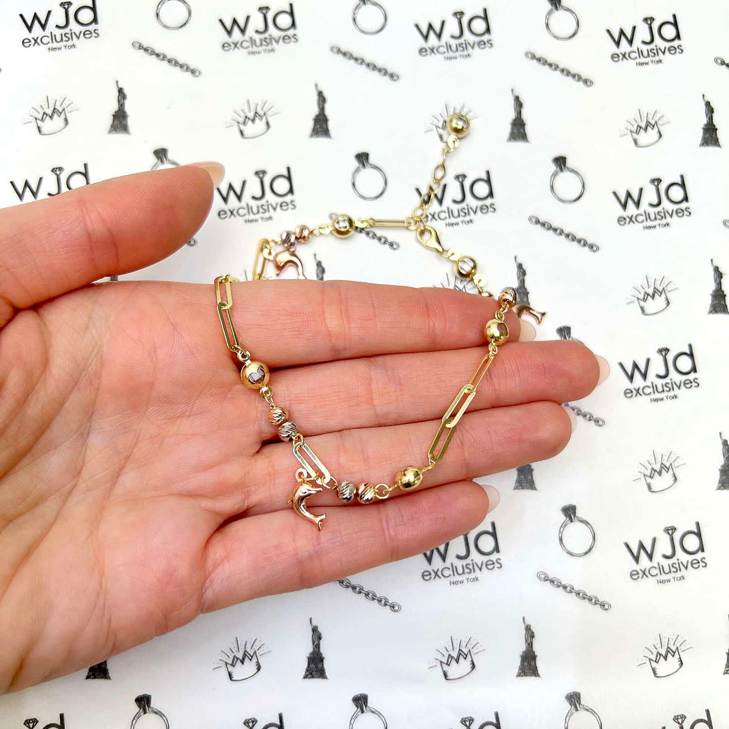 14K Gold Tri-Color 4mm Paperclip Ball Dolphin Charm Ankle Bracelet 9.5-10.5" Adj