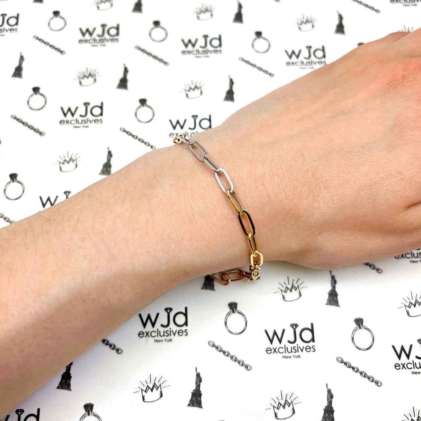 14K Gold Tri-Color Yellow White Rose Color 4mm Paperclip Bracelet 7.5"