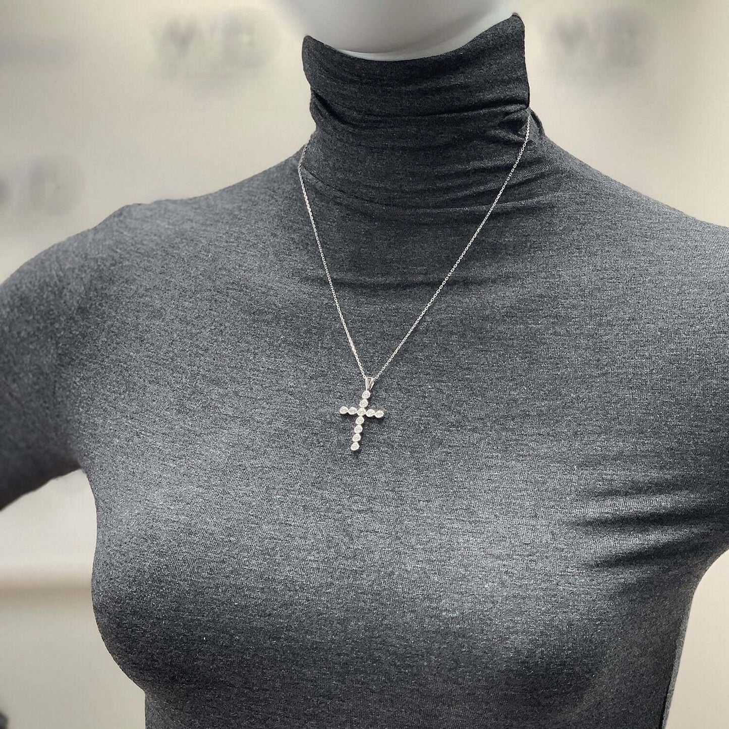 White Gold Over Sterling Silver Bezel Set Round Zirconia Cross Pendant Necklace 18"