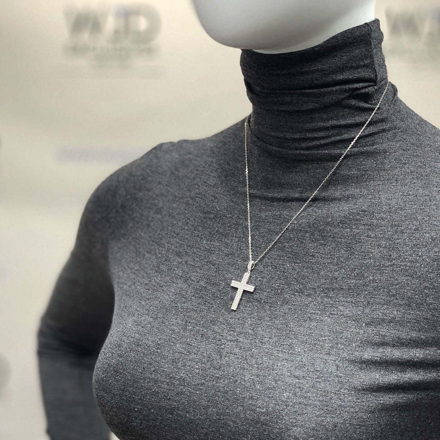 White Gold Over Sterling Silver 1Ct Pave Set Zirconia Cross Pendant Necklace 18"