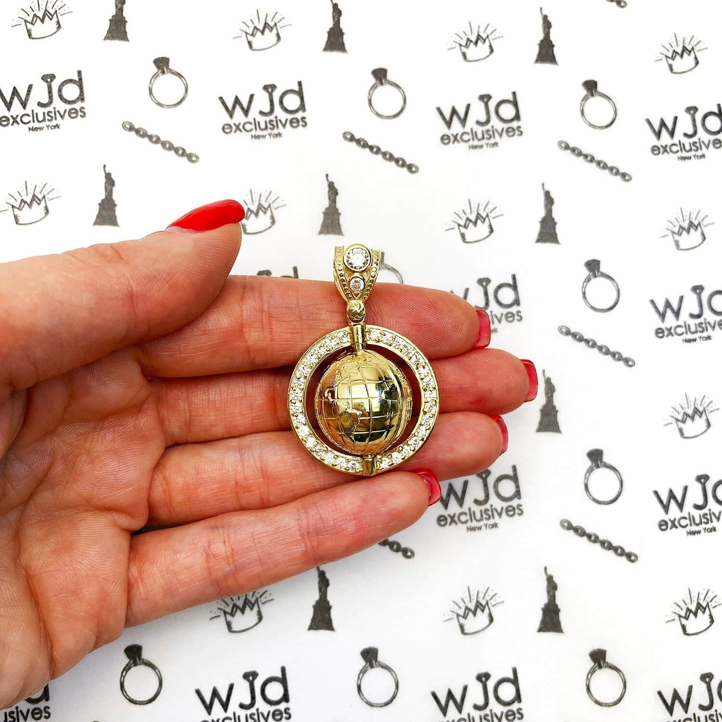 14K Real Gold 1.8CTW CZ Rotating Globe Charm Pendant 1.57"