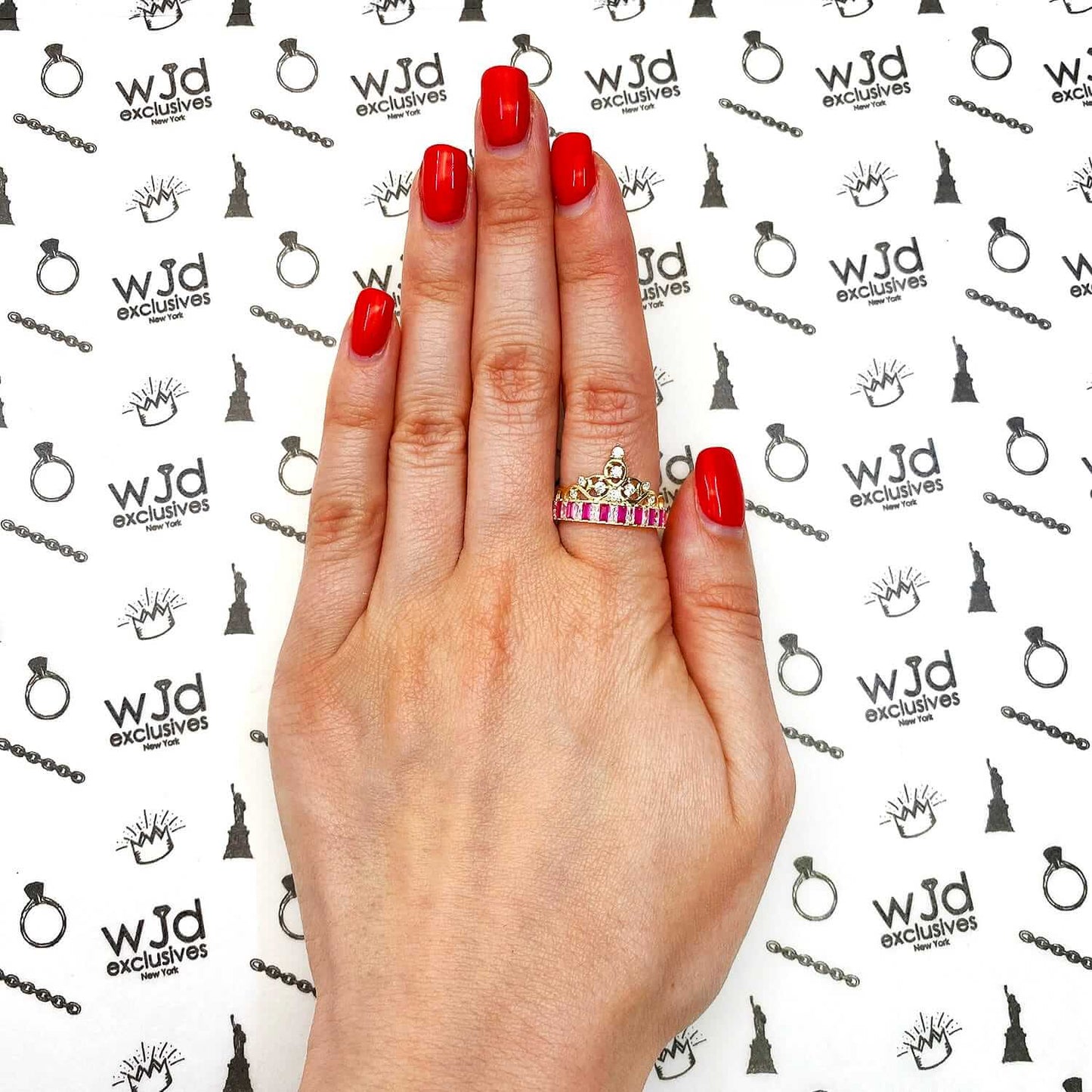 14K Yellow Gold 1.3CTW CZ And Ruby Royal Crown Cocktail Ring