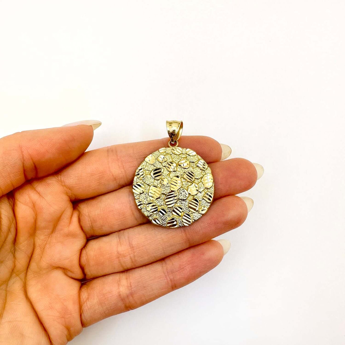 10K Yellow Gold Diamond-Cut Round Nugget Pendant 1.6"
