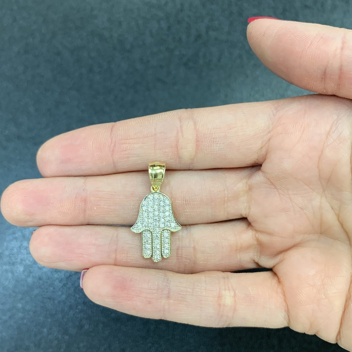 14K Real Gold 0.50CTW CZ Hamsa Hand Of Fatima Charm Pendant 1"
