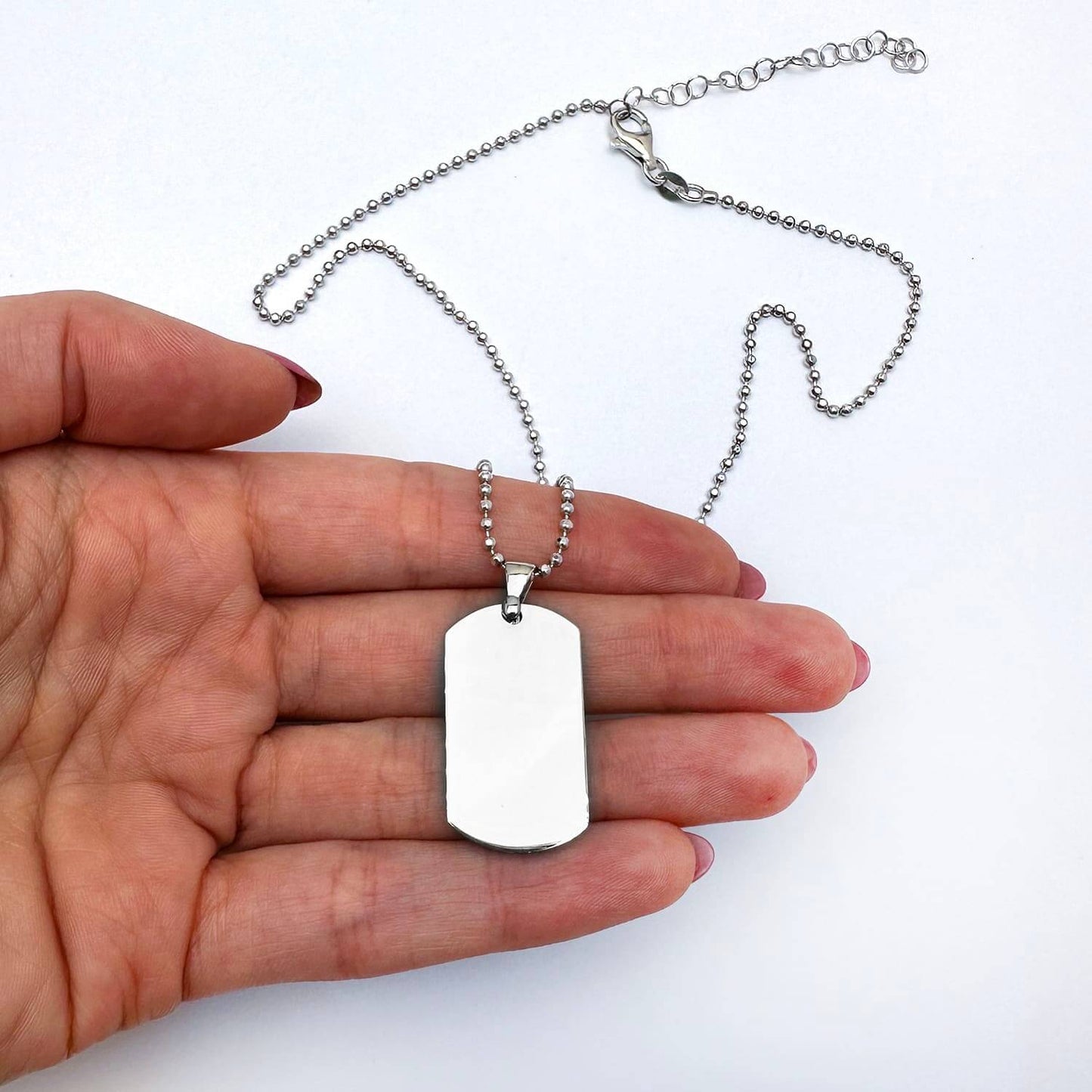 Engravable Sterling Silver Ball Bead Chain Dog Tag Pendant 16"-18" Adjustable