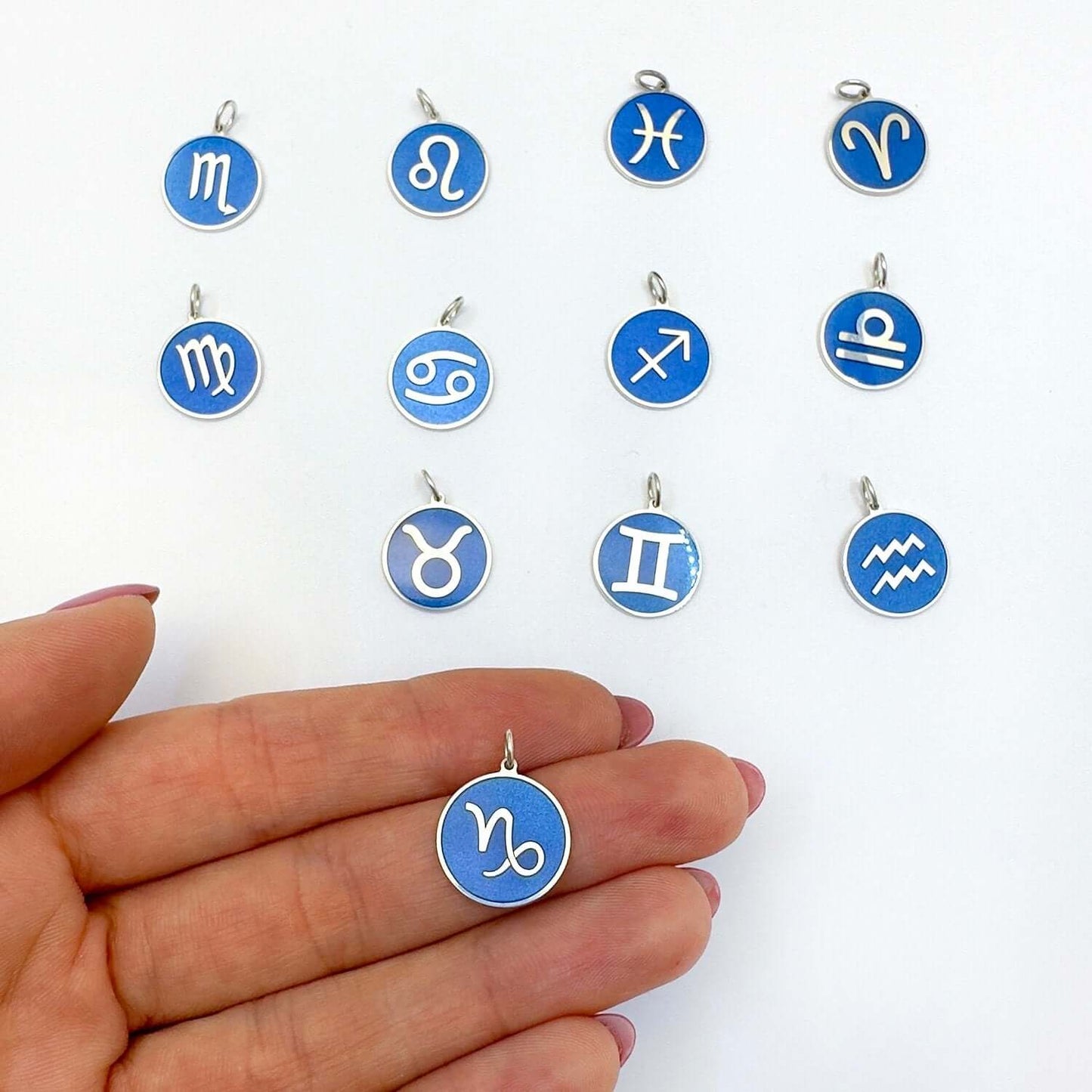 Sterling Silver Round Blue Zodiac Signs Pendant 0.7"