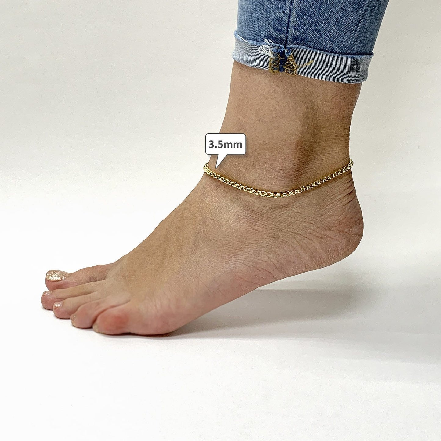 14K Real Gold 2.5mm, 3.5mm, 5mm Solid Round Box Ankle Bracelet 10"