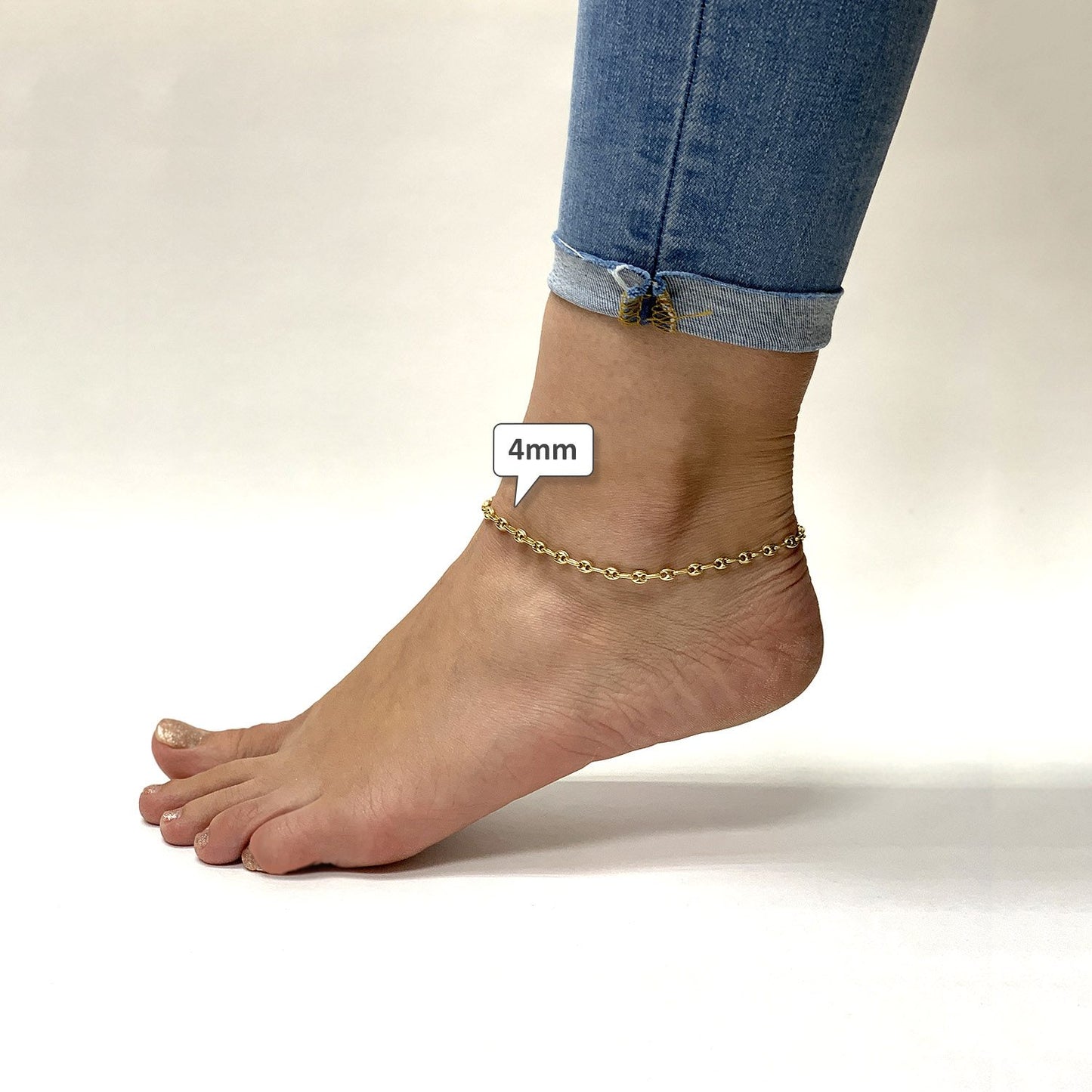 14K Gold Yellow Puffed Anchor Mariner 4mm 5mm Anklet Bracelet 10"