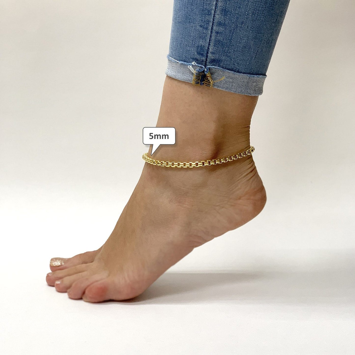 14K Real Gold 2.5mm, 3.5mm, 5mm Solid Round Box Ankle Bracelet 10"