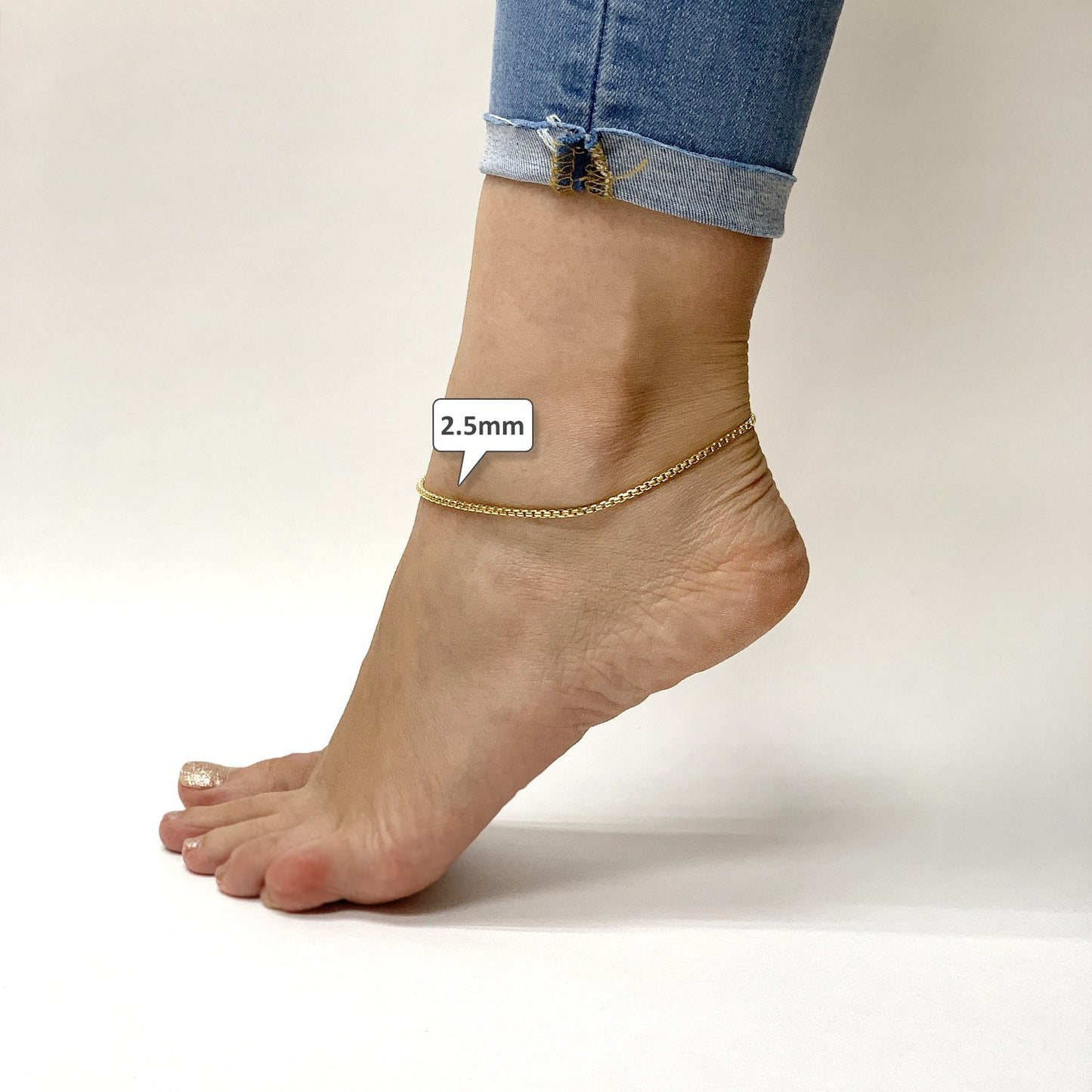 14K Real Gold 2.5mm, 3.5mm, 5mm Solid Round Box Ankle Bracelet 10"