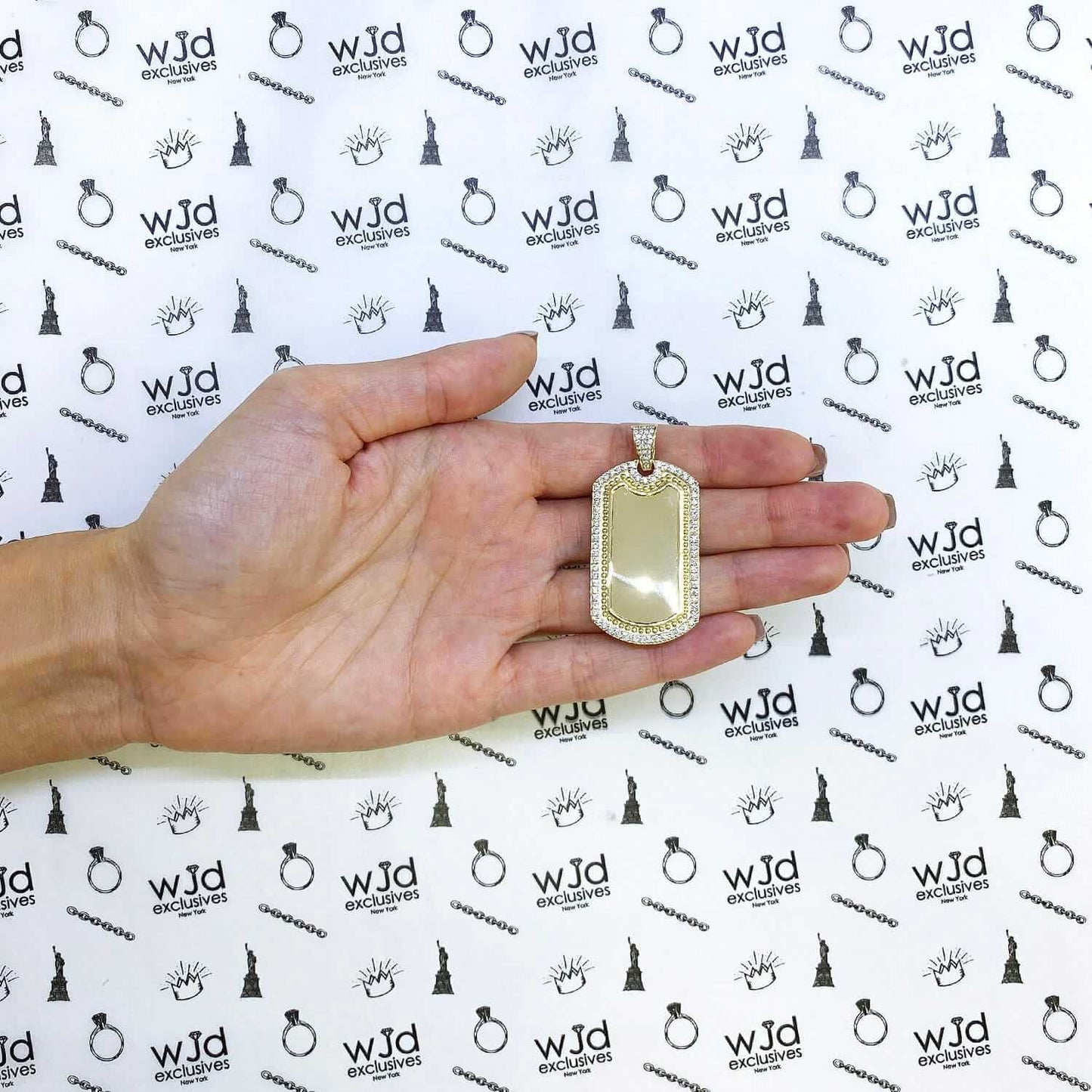 Engravable 14K Yellow Gold CZ Personalized Dog Tag Pendant 2"