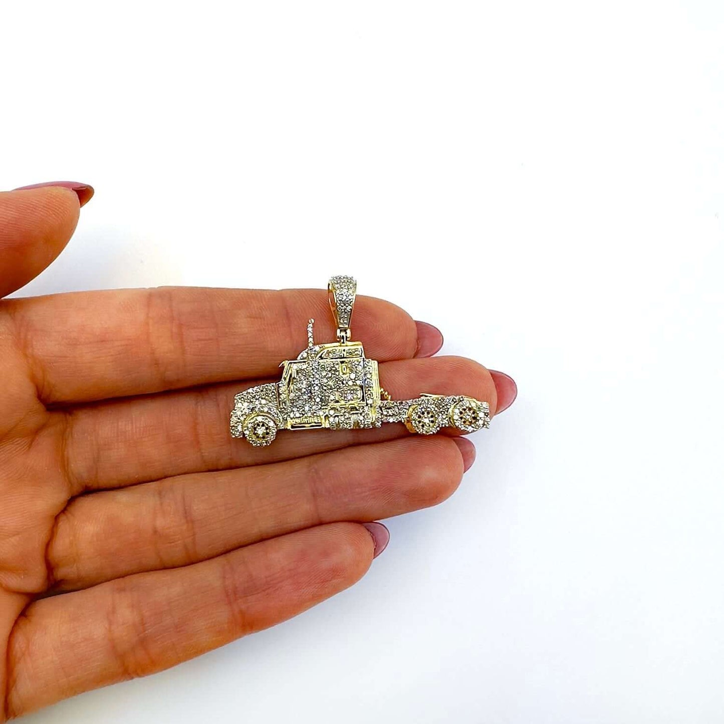 0.85CTW Real Diamond 10K Real Gold Semi Trailer Truck Pendant 1"